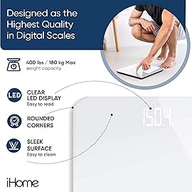 iHome Digital Scale, Bathroom Scale, Batteries Included, Scale Body Weight, Weight Scale, Digital Scale, Bathroom Scales for Weight, Digital Scales for Body Weight (White)