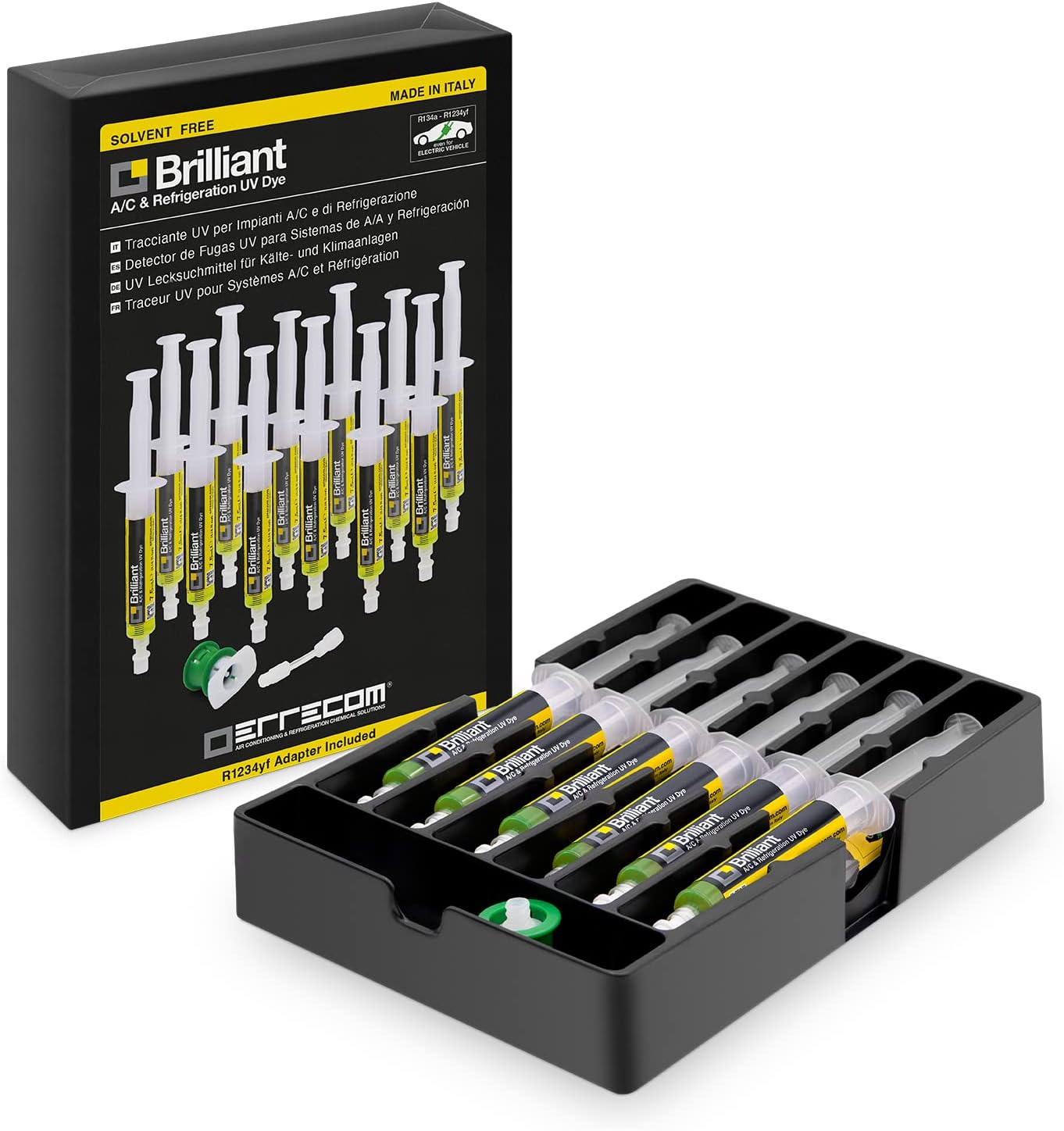ERRECOM Brilliant - 12 x 7.5 ml, Fluorescent UV Dye for Detecting Refrigerant Gas Leaks in Vehicle A/C Systems, includes R1234yf adapter