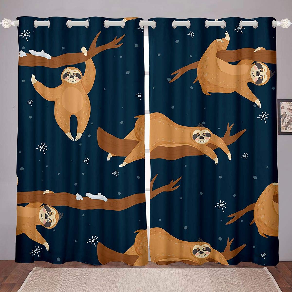 Homemissing Cute Sloth Window Treatments Cartoon Animal Themed Window Drapes Funny Lazy Sloth Curtain For Kids Adults Polka Dots Snowflake Print Window Curtain Ultra Soft Room Decor W66*L90