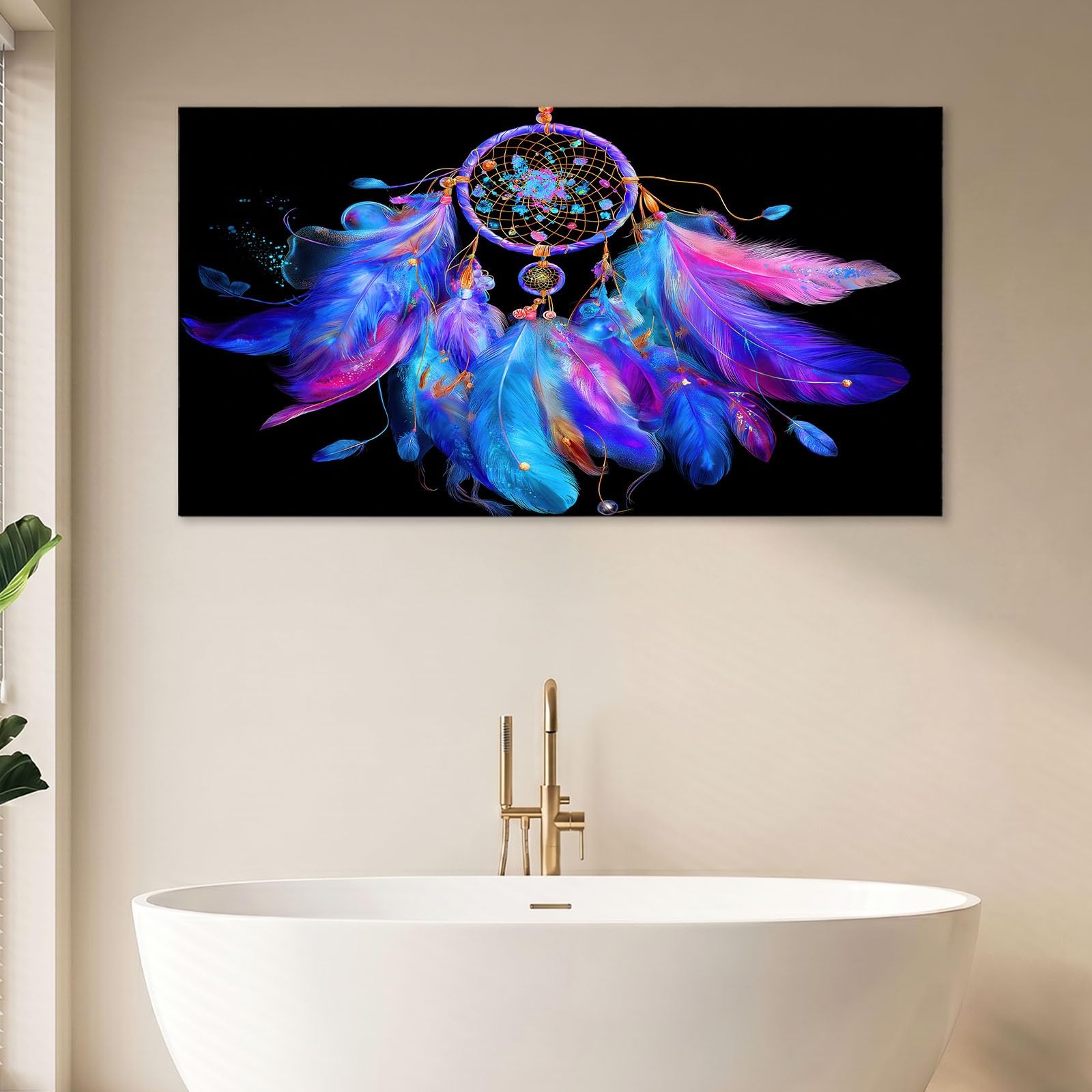 Leinwandbild Bild Boho-Stil XL Wandbilder Deko 90 x 60 cm, Kunstdruck auf Leinwand mit Holzrahmen, Schwarz Traumfänger Feder Wanddeko für Wohnzimmer Schlafzimmer Büro Wanddekoration