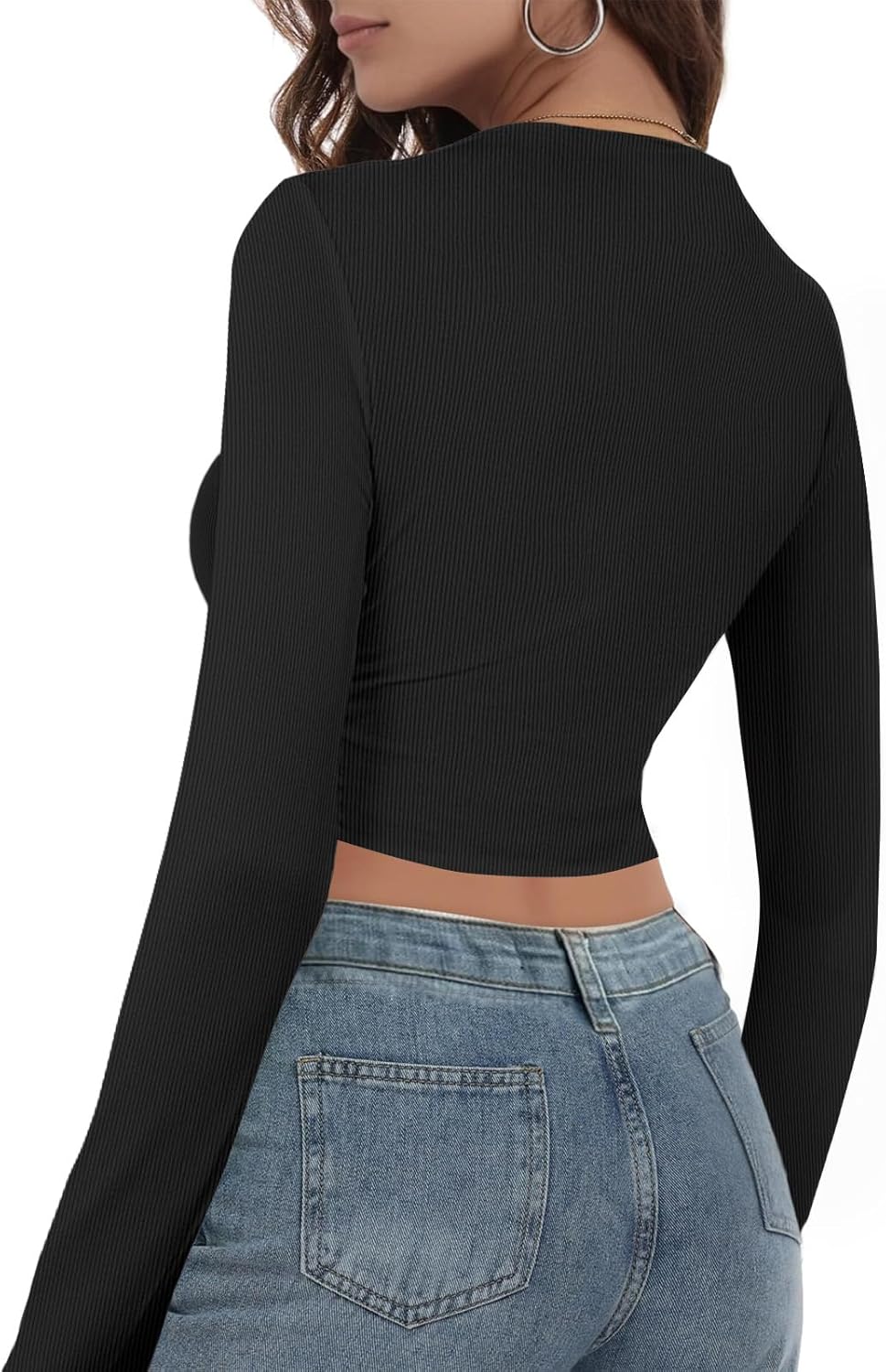 Buauty Women's Long Sleeve Square Neck Crop Tops, Ribbed Knit Slim Fitted Casual Basic Y2K Crop Top Tee Blouse Retro - Image 3