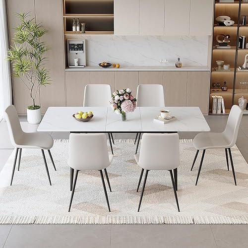 FURNITO Juego de Mesa de Comedor de 7 Piezas, Mesa de Comedor Extensible de 59"-75" con 6 Sillas Tapizadas, Juego Blanco de Mesa y Sillas de Cocina