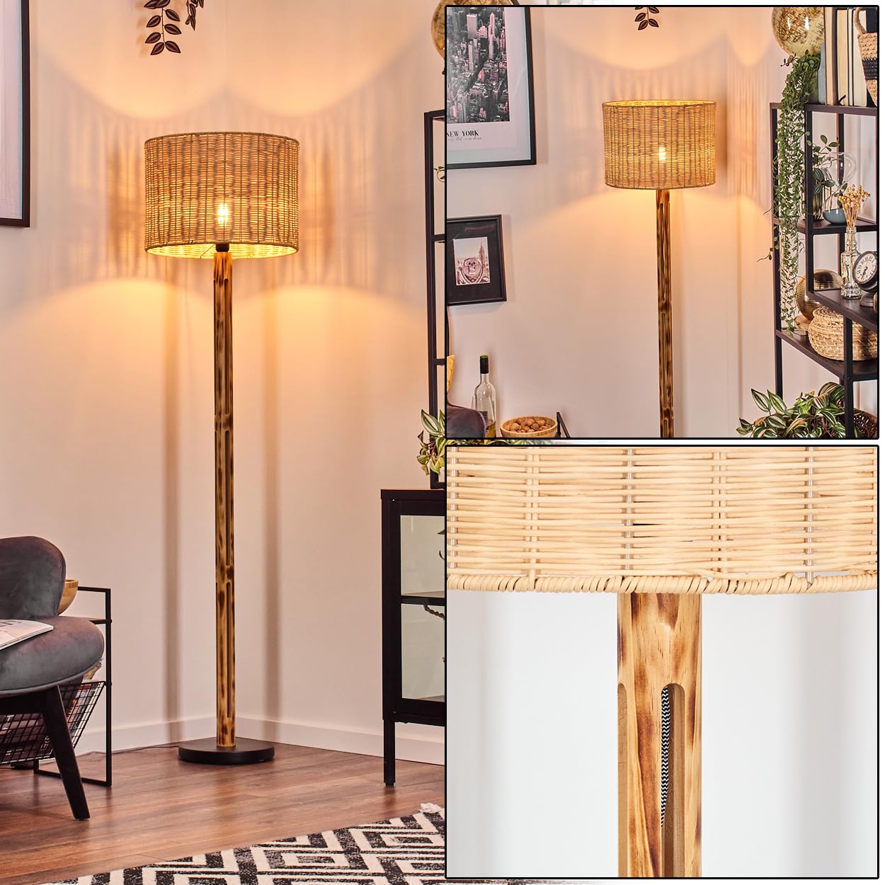 HOFSTEIN Lampadaire Cavaca, au design scandinave, style bohème avec abat-jour en osier/rotin, Ø 40 cm, E27, hauteur 158 cm, avec interrupteur à pied - salon, chambre à coucher, salle à manger, bureau