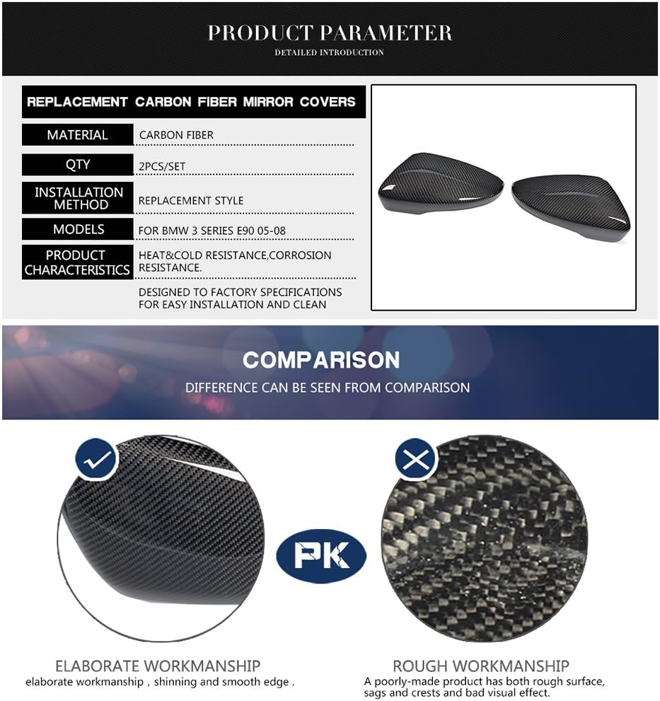 Carbon Fiber Mirror Cover Cap fits for BMW 3 Series E90 316i 318i 320i 323i 325i 330i 2005-2008 1:1 Replacement CF Rearviewer