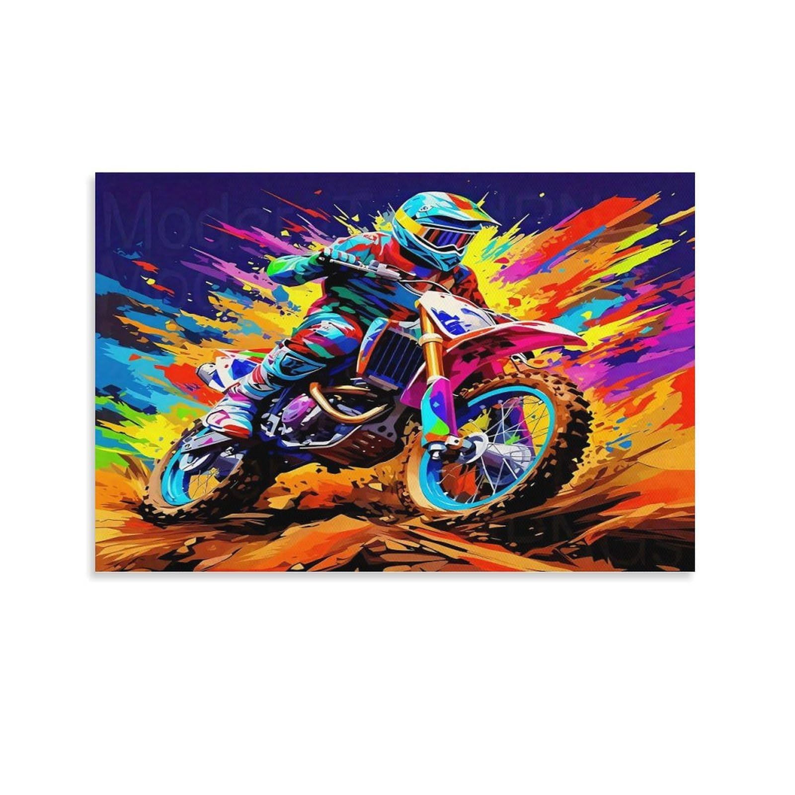CPLVKWRQJ Vibrant Motocross Rider in Action 1 Piece Motocross Rider Explosion Art Framed Canvas Print - Living Room Focal Point Fade Resistant Ready to Hang Wall Art 20x30inch(50x75cm)