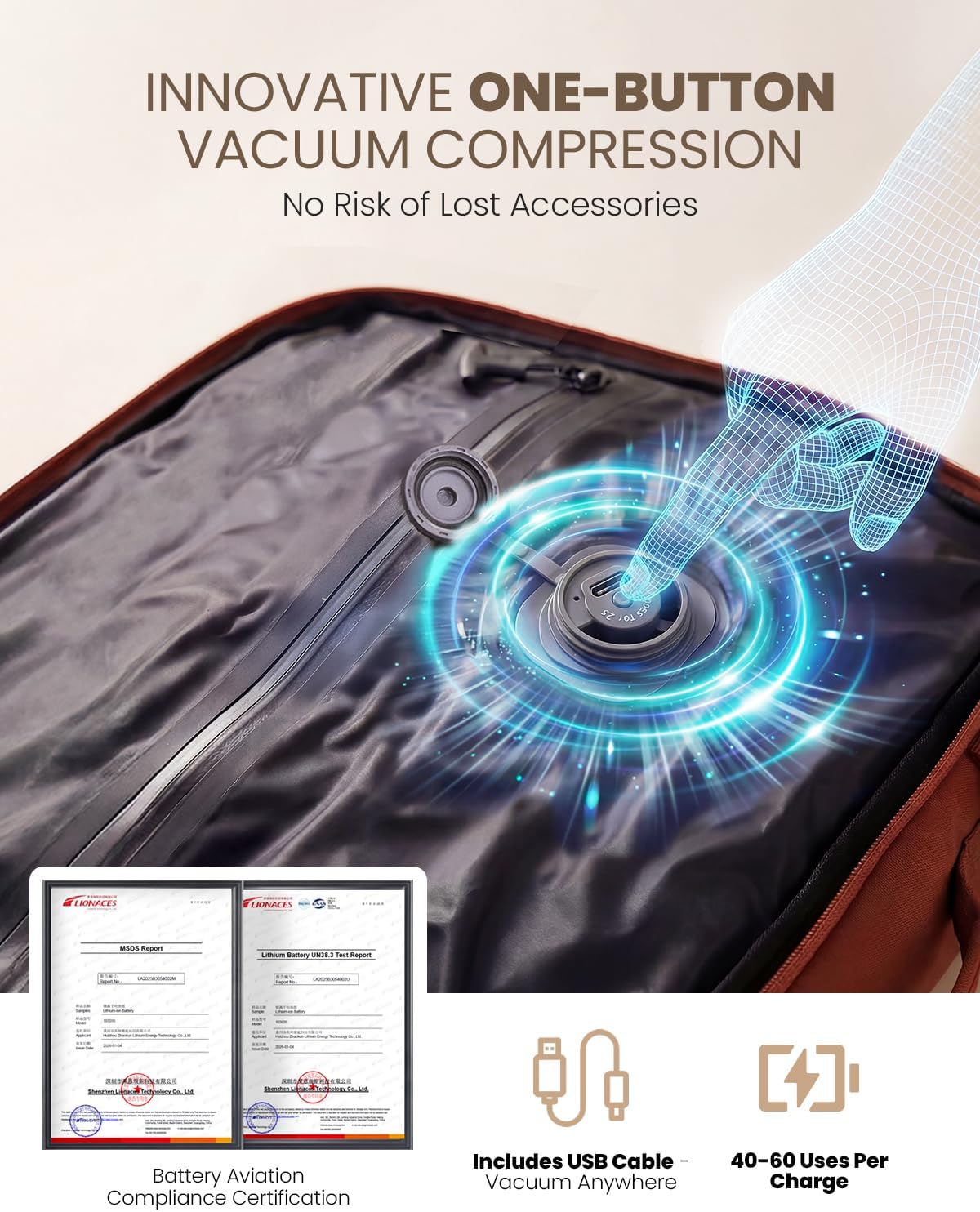 Fanwoli Rolling Vacuum Backpack Travel with Wheels, One-Button Compression, 60L Expandable Carry-On Suitcase Luggage, 18’’ Laptop Compartment for Outdoor/Family/Business Trips