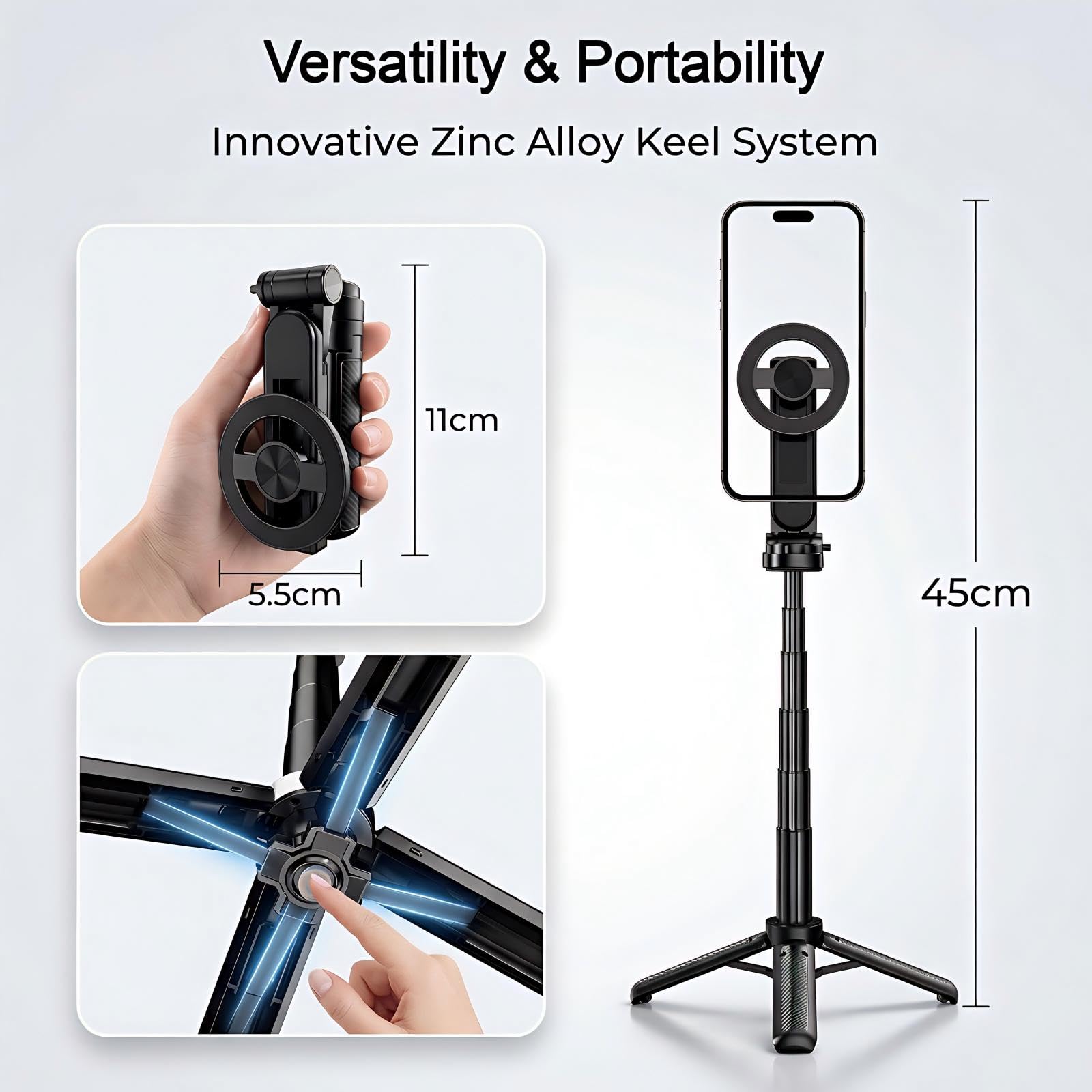 Bastone Selfie Magnetico con Treppiede – Magnete N52 potente, Telecomando Bluetooth con Zoom e 20m di portata, Mini 11,5cm, Piedino a 4 gambe, Rotazione 360° – Per Vlogging e Live Streaming