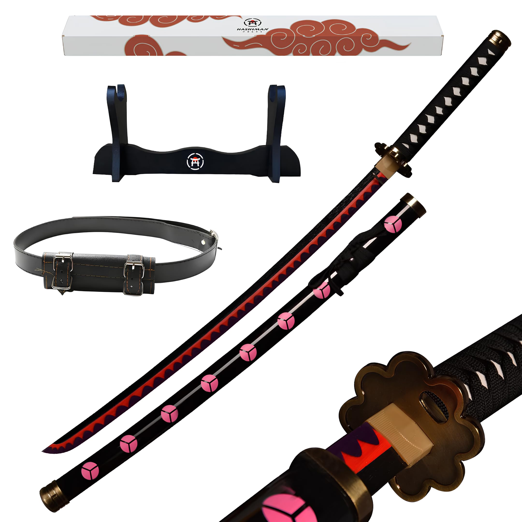 Hashiman Katana One Piece - Manga Sword + Wooden Sword Holder + Belt - Samurai Catana Cosplay Anime - Wooden Sword Children Adults - Ninja Decoration Costume Sabre (Roronoa Zoro Shusui)