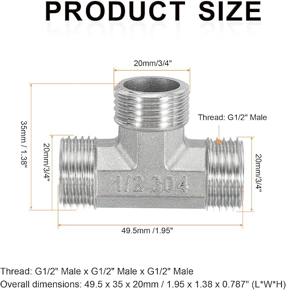 sourcing map 2pcs Tee Pipe Fitting G1/2