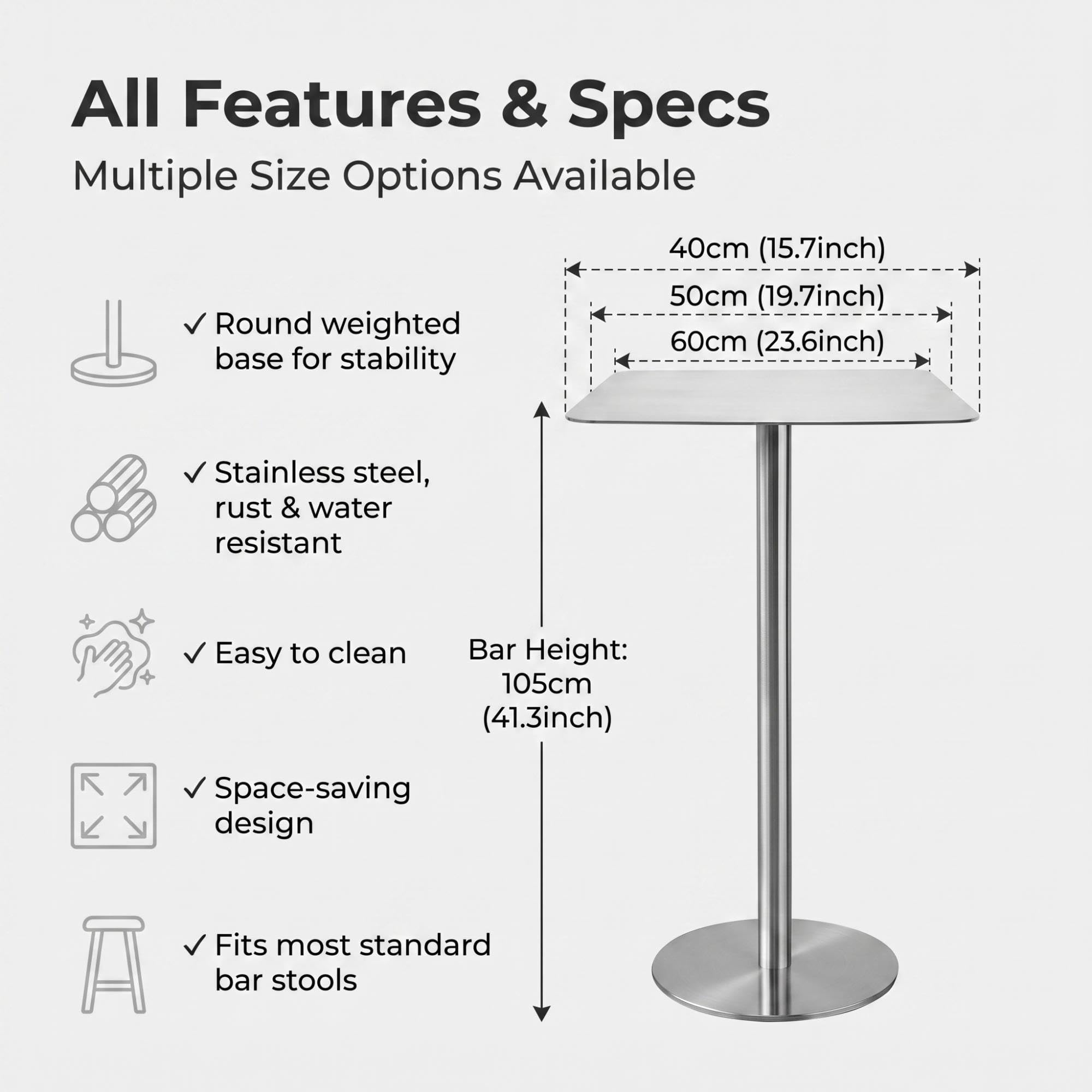 Tavolo da Bar Alto in Acciaio Inox, Tavolino da Bar Rotondo per Cucina | Balcone e Caffè, Tavolo Alto Stabile con Base Rotonda per Casa e Esterni(Square,19.7x41.3in/50x105cm)
