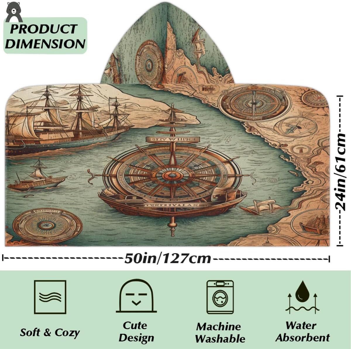 Pardick Vintage Compass Kids Bath Towel Beach Towel with Hood Pool Cover Up for Girls Boys Soft Absorbent Hooded Bath Towel Toddler Towels for Beach, Pool