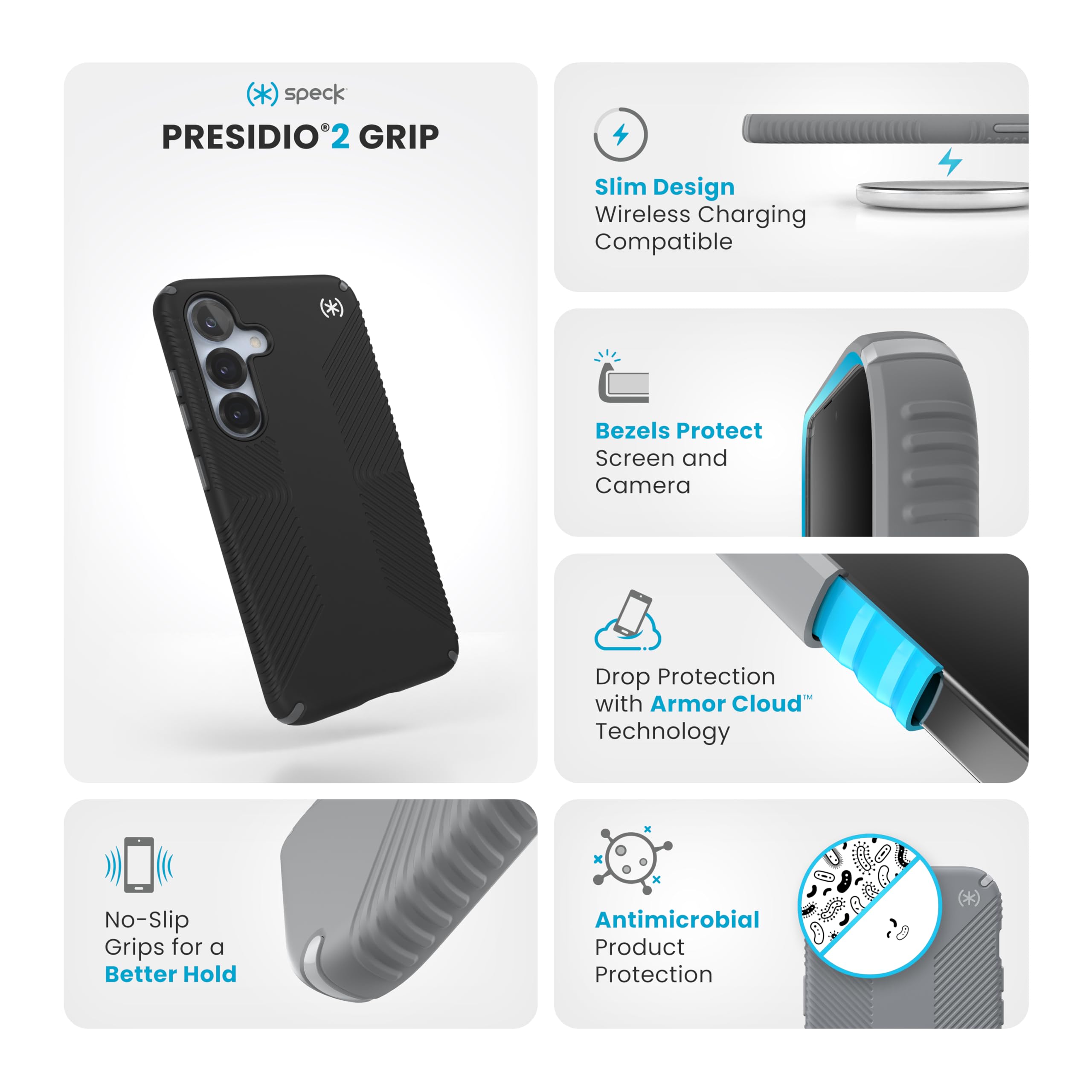 Speck Samsung Galaxy S25 Hülle, 3,5 m Fallschutz, rutschfeste Griffe, Samsung S25 Hülle, erhöhte Einfassung und verbesserte Tasten, Presidio 2 Grip, Schwarz/Schiefergrau