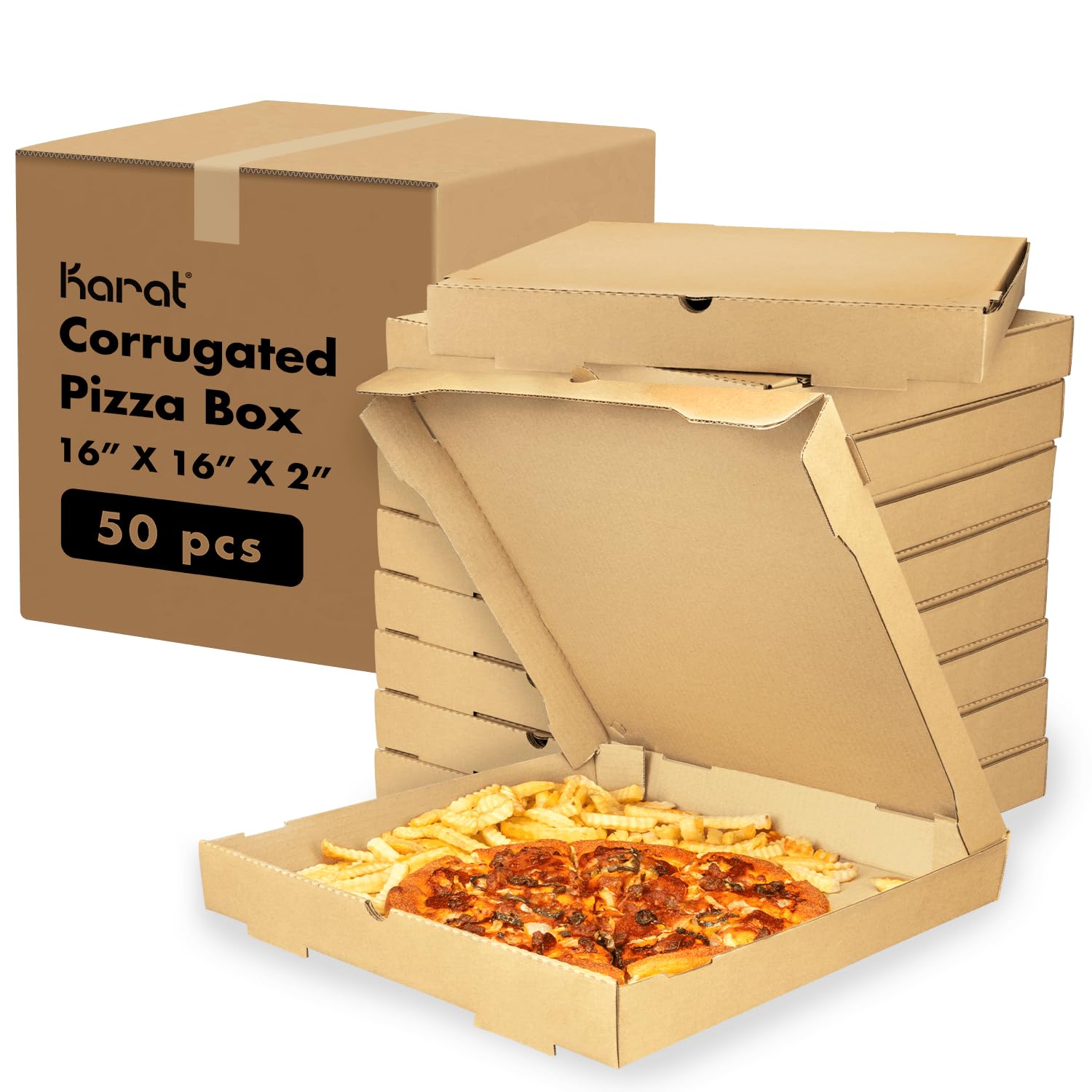 Karat Scatole per pizza 40,6 x 40,6 x 5,1 cm, confezione da 50 scatole in carta kraft ondulata, ventilate, resistenti al grasso, durevoli per pizza o spedizione