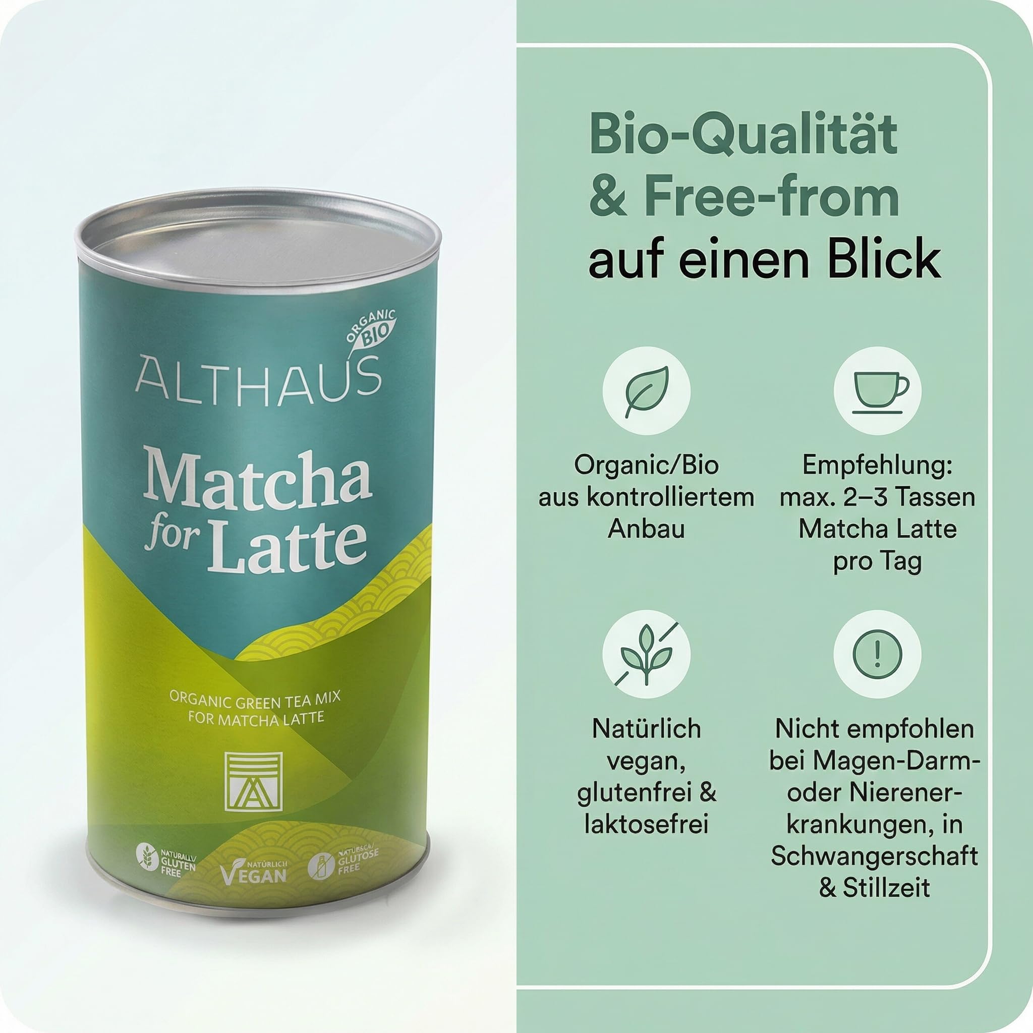 ALTHAUS Matcha Latte Pulver, Bio Grüntee-Mischung mit Rohrohrzucker, vegan glutenfrei laktosefrei, 400 g Dose, ca. 20 Portionen, mild-süßer Geschmack, schneller Genuss heiß oder kalt