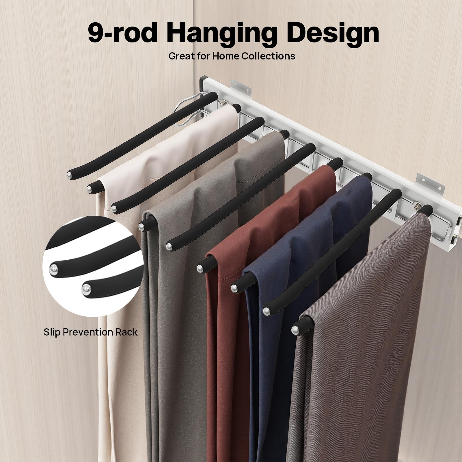 9-Stangen-Hosenbügel für die Seitenmontage Hosenhalter ausziehbar, Wandmontierter Hosenbügel mit Flocking, leiser Push-Pull-Schiene, belastbar 14-16kg Aufbewahrung für Hosen, Krawatten, Schals