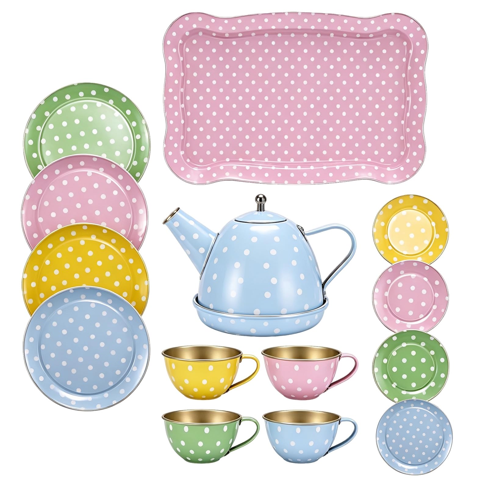 Kids Tea Set, 14Pcs Tea Party Set for Little Girls, Kitchen Pretend Play (A)