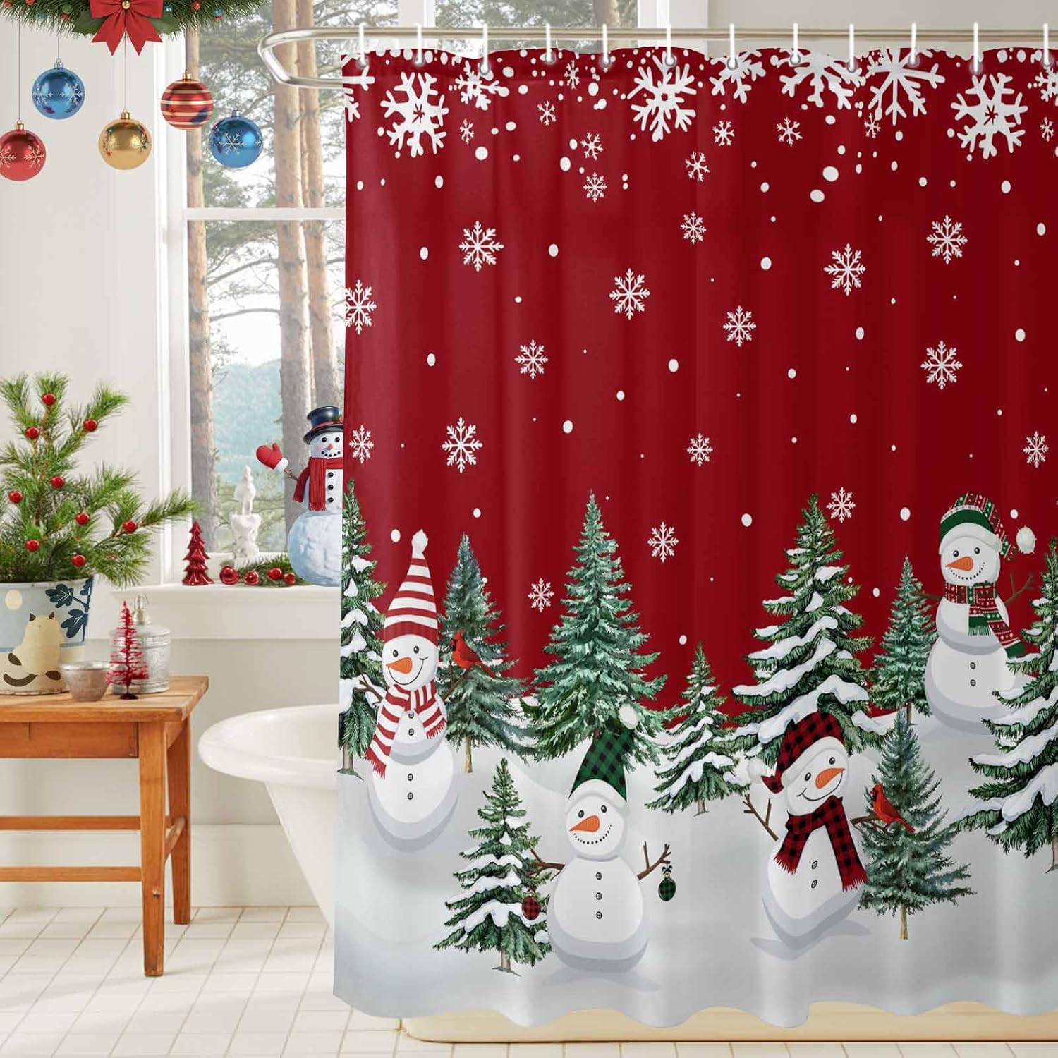 LooPoP Christmas Shower Curtain Snowman Xmas Tree Bathroom Curtains with Hooks, Waterproof Fabric Red Cardinal Bird Snowflake Shower Curtains Set for Bathroom Bathtubs Xmas Holiday Decor 72x72 Inch