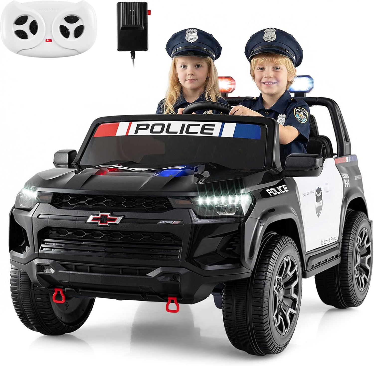 Costzon 2-Seater Ride on Police Car, 24V 4WD Licensed Chevrolet Kids Electric Vehicle with Megaphone, Siren, LED Flashing Lights, Storage Trunk, Toddler Remote Control Toy Car, Gift for Boys Girls