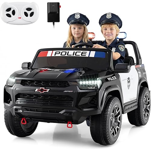Costzon 2-Seater Ride on Police Car, 24V 4WD Licensed Chevrolet Kids Electric Vehicle with Megaphone, Siren, LED Flashing Lights, Storage Trunk, Toddler Remote Control Toy Car, Gift for Boys Girls