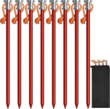DkOvn Tent Stakes, 4/8/12/16 Pack Heavy Duty Lightweight 9" Aluminum Tent Stakes Pegs with Rope Head and Storage Bag, Canopy Stakes Pegs for Camping, Canopy, Outdoor8 Pack Red