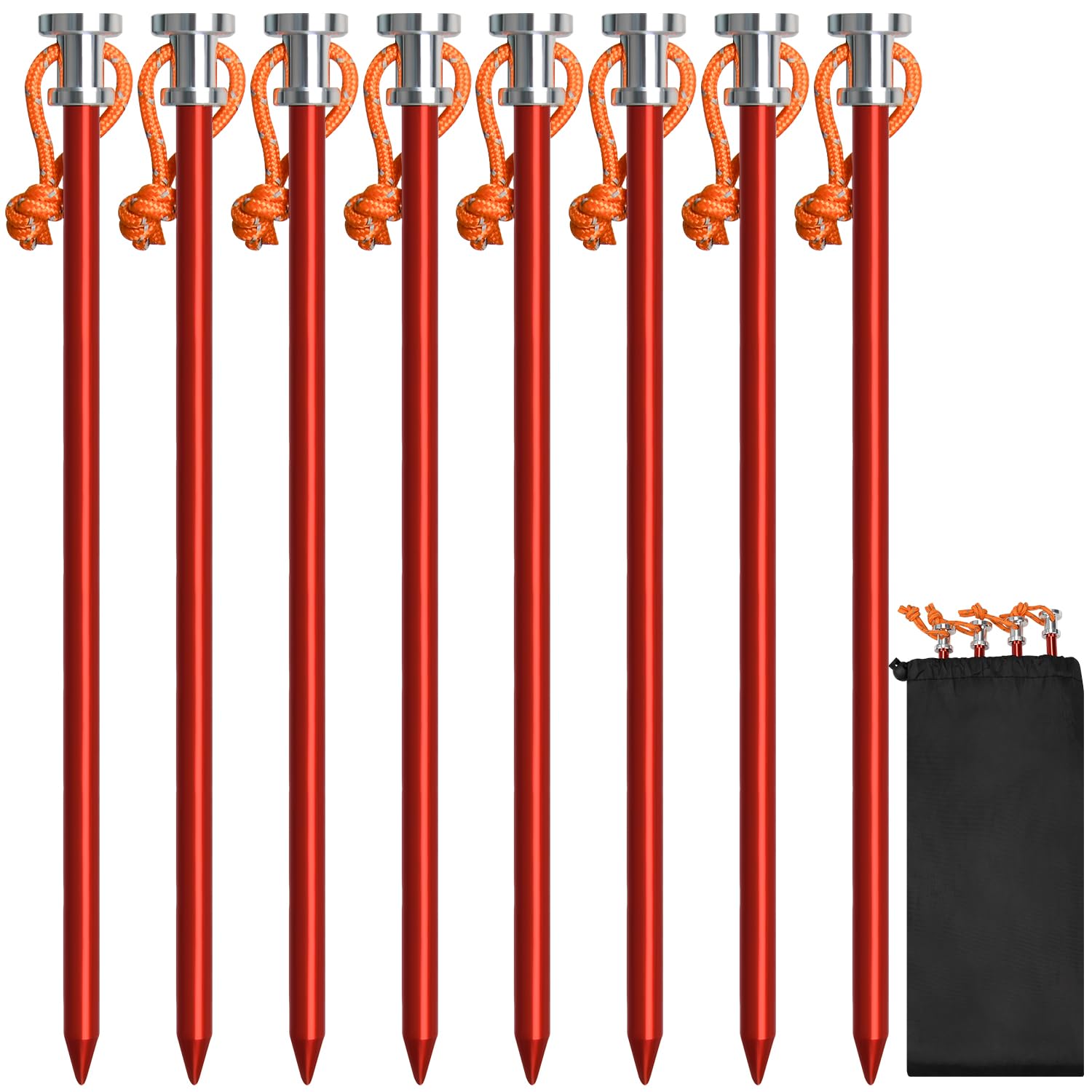 DkOvn Tent Stakes, 4/8/12/16 Pack Heavy Duty Lightweight 9" Aluminum Tent Stakes Pegs with Rope Head and Storage Bag, Canopy Stakes Pegs for Camping, Canopy, Outdoor(8 Pack Red)