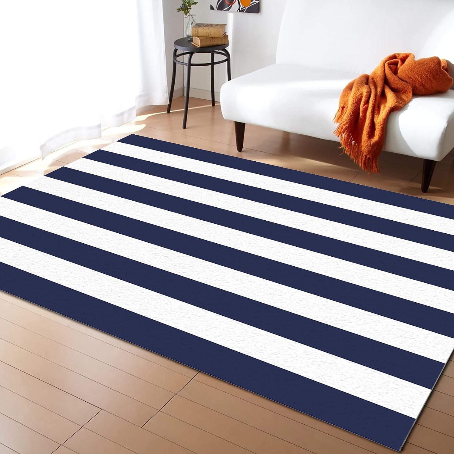 Area Rugs Non-Slip Washable Rug Navy Blue White Stripe Indoor Rug Rubber Backing Floor Mats Home Decor Carpet for Living Room Dining Room Non Shedding 2x3 Ft
