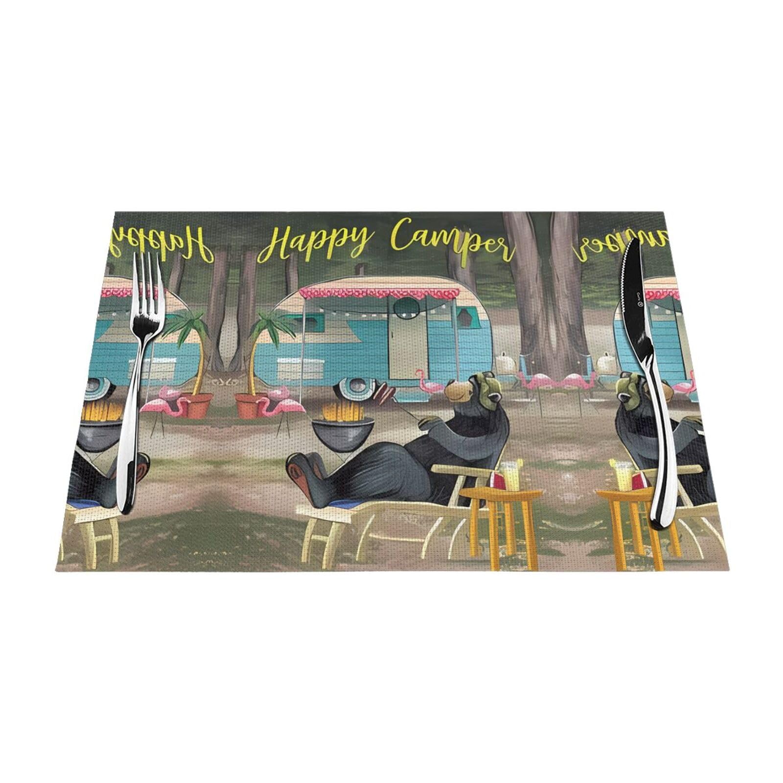 Juego de 6 manteles individuales tejidos con estampado Happy Camper, adecuado para decoración de restaurantes y cocina.