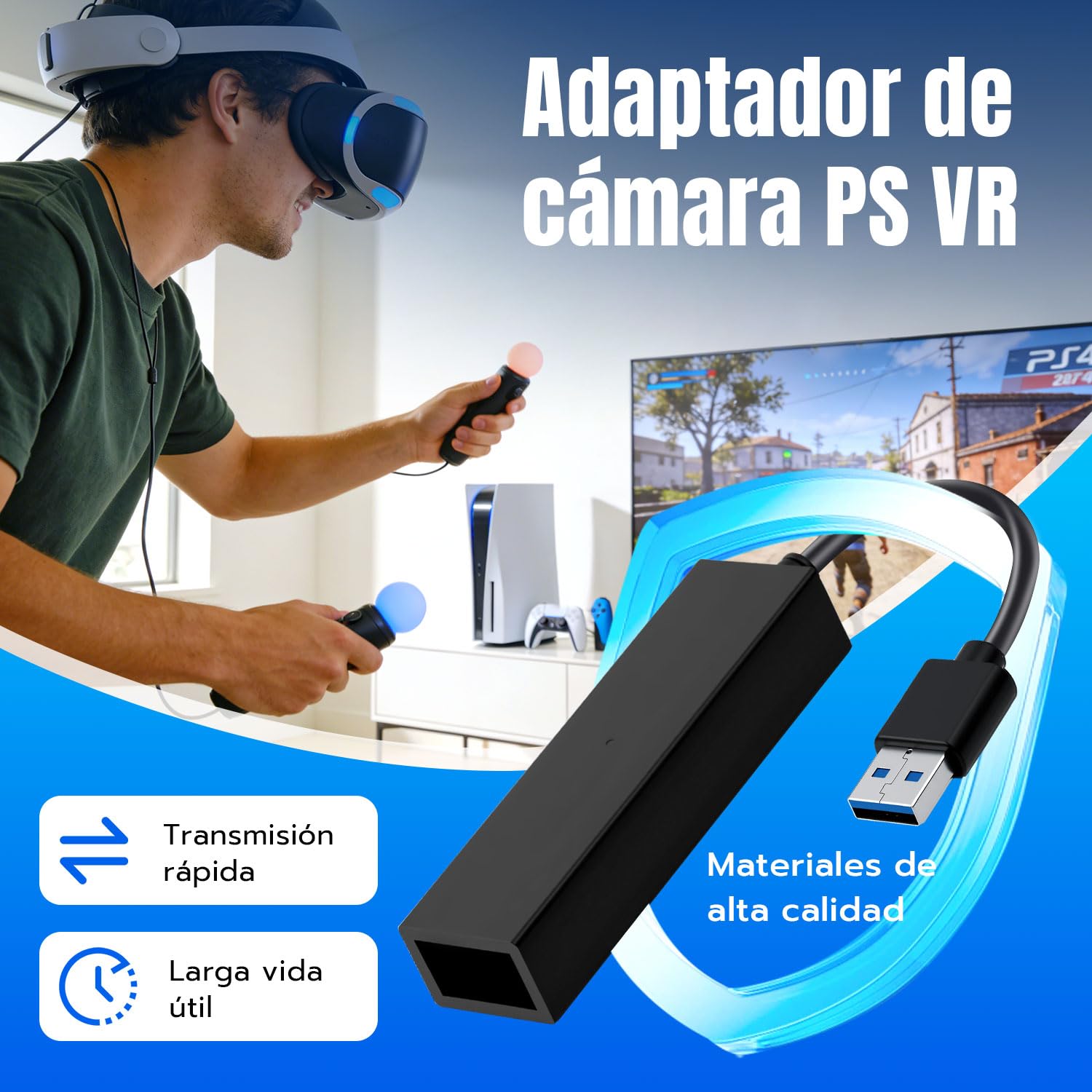 VR Adaptador para PS5 / Slim/Pro de Cámara PS VR, VR Cable Convertidor a Compatible con Consola PS5, PS4, PS, USB 3.0 PS4 Cámara a Consola PS5 VR Juegos Accesorios