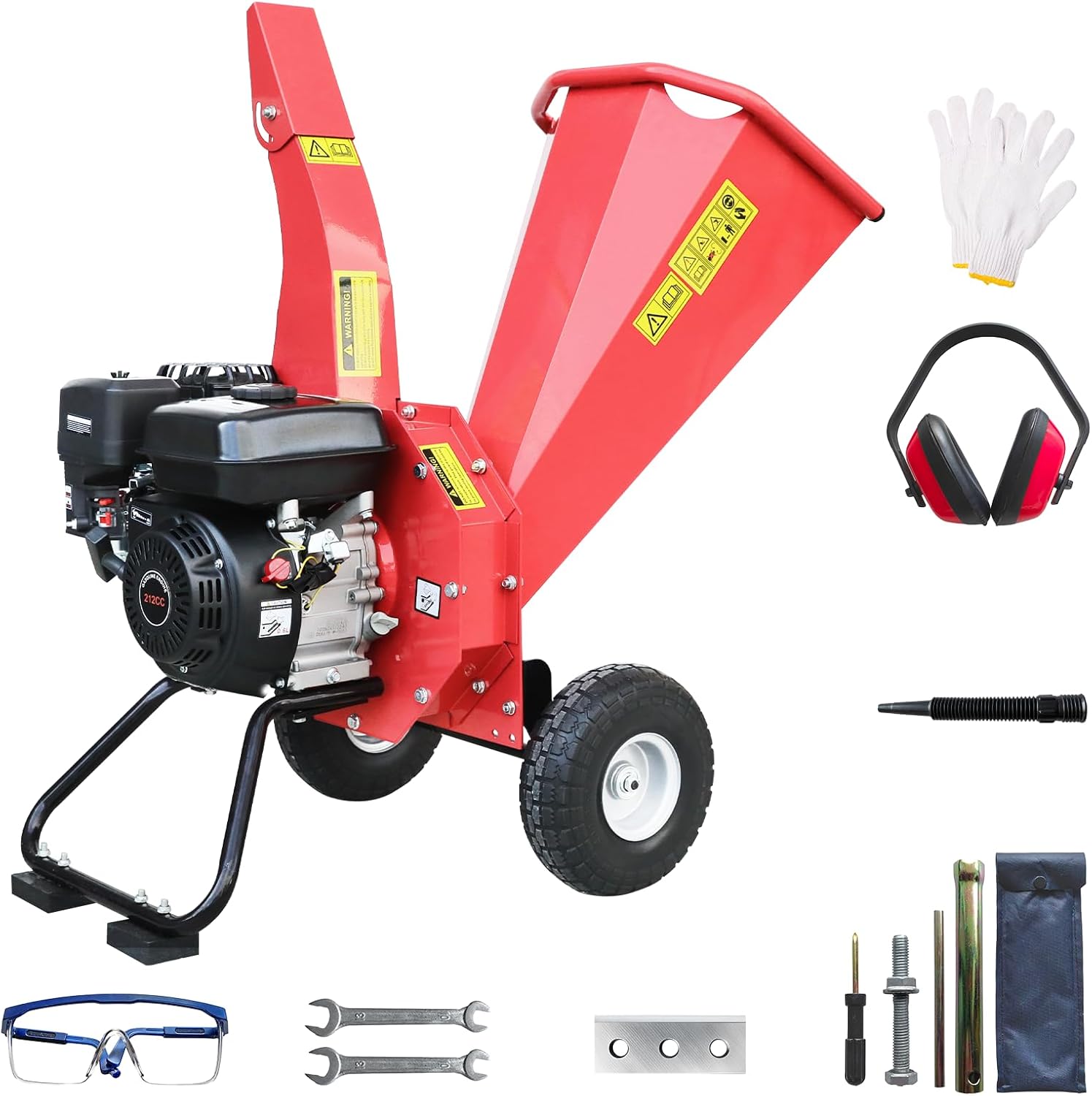 Wood Chipper Shredder Mulcher, 7 HP 212cc Gas-Powered Heavy Duty Engine, 3-Blade Disc Cutter, 10" Large Wheels for Easy Mobility, for Garden, Orchard, Courtyard, Farm