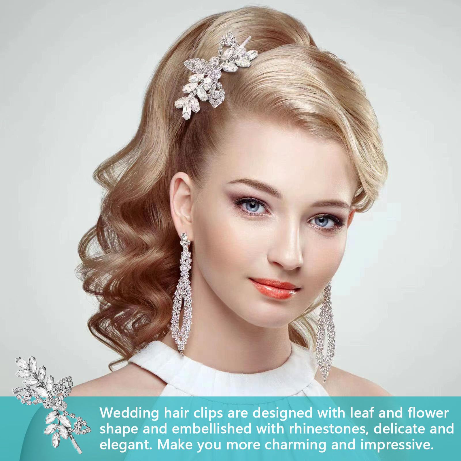 4Pcs Bling Rhinestone Bridal Hair Clips Shine Crystal Leaf Wedding Hairpin Elegant Flower Wedding Barrette Beautiful Diamante Hair Clips for Party Gift - Image 4