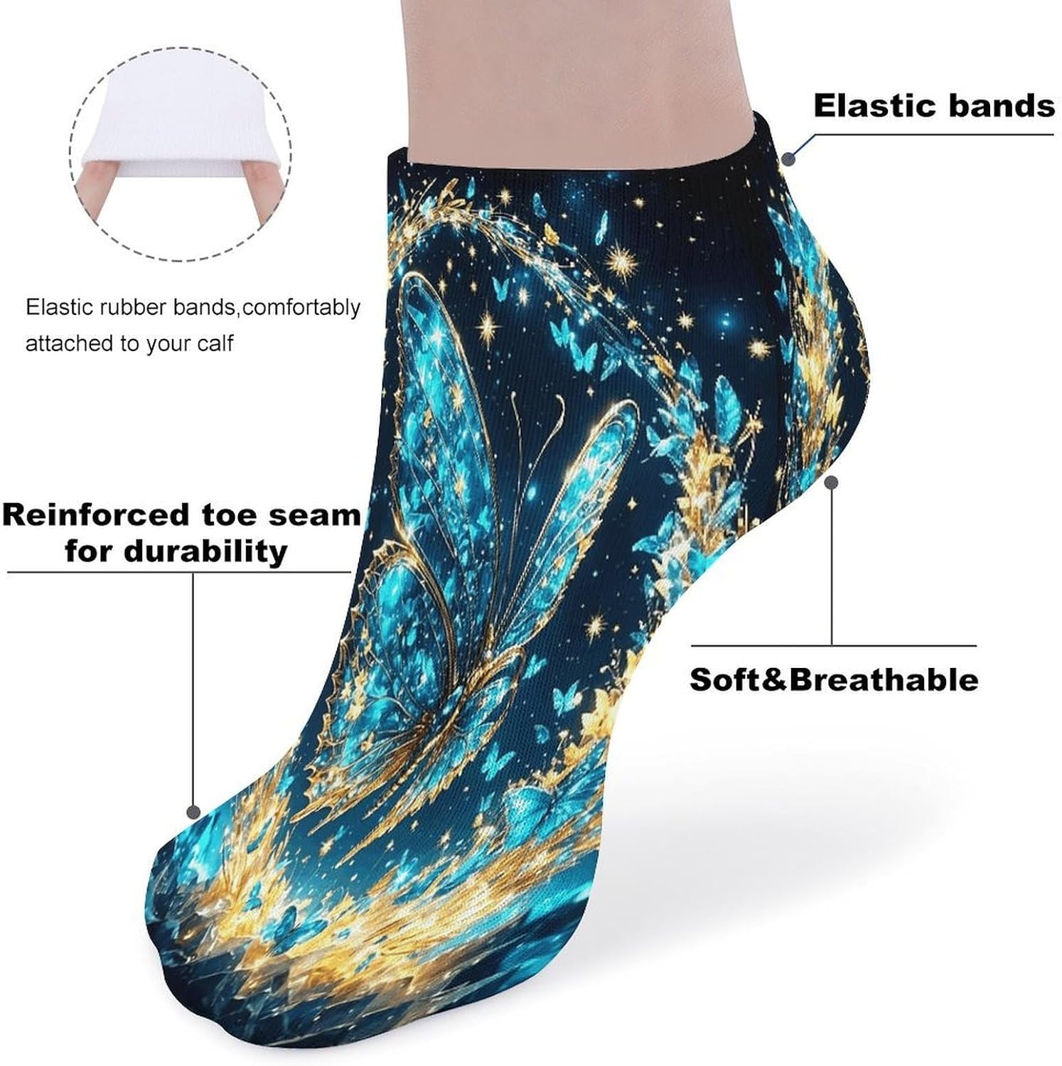 Blue And Gold Glass Butterfly 5Pairs Low Cut Ankle Socks for Women No Show Casual Breathable Athletic Socks for Sport
