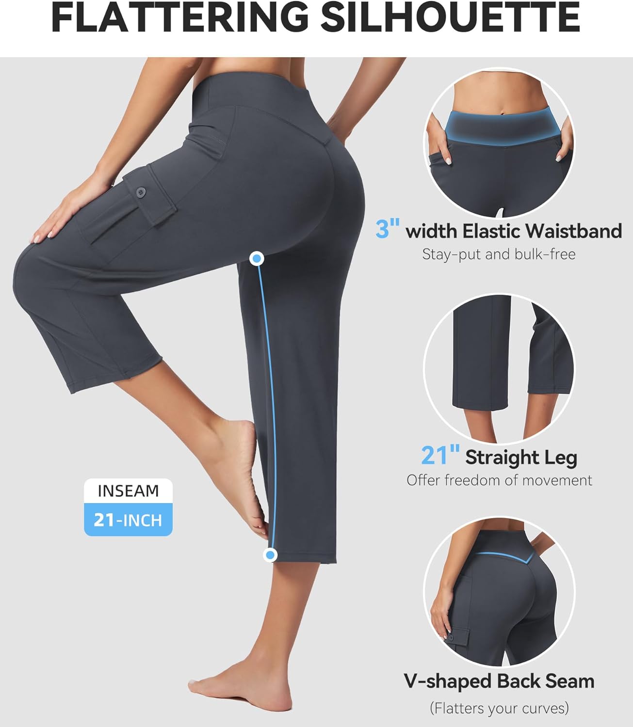 Casei Women's 21" Yoga Capris High Waisted with Pockets Cargo Capri Pants Straight Leg Casual Workout Travel Cropped Pants - Image 5