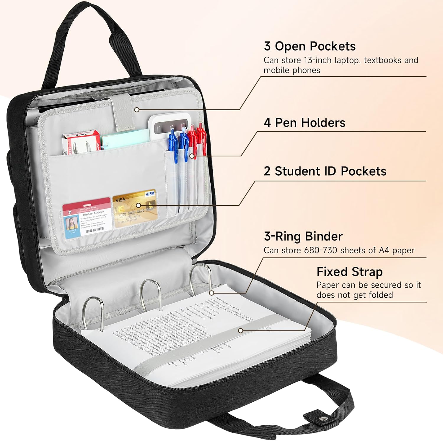 Zipper Binder 3 Ring, 700 Sheets Capacity, Binder 3 Inch with Shoulder Strap Fits 13 Inch Laptop for School and Office,Black