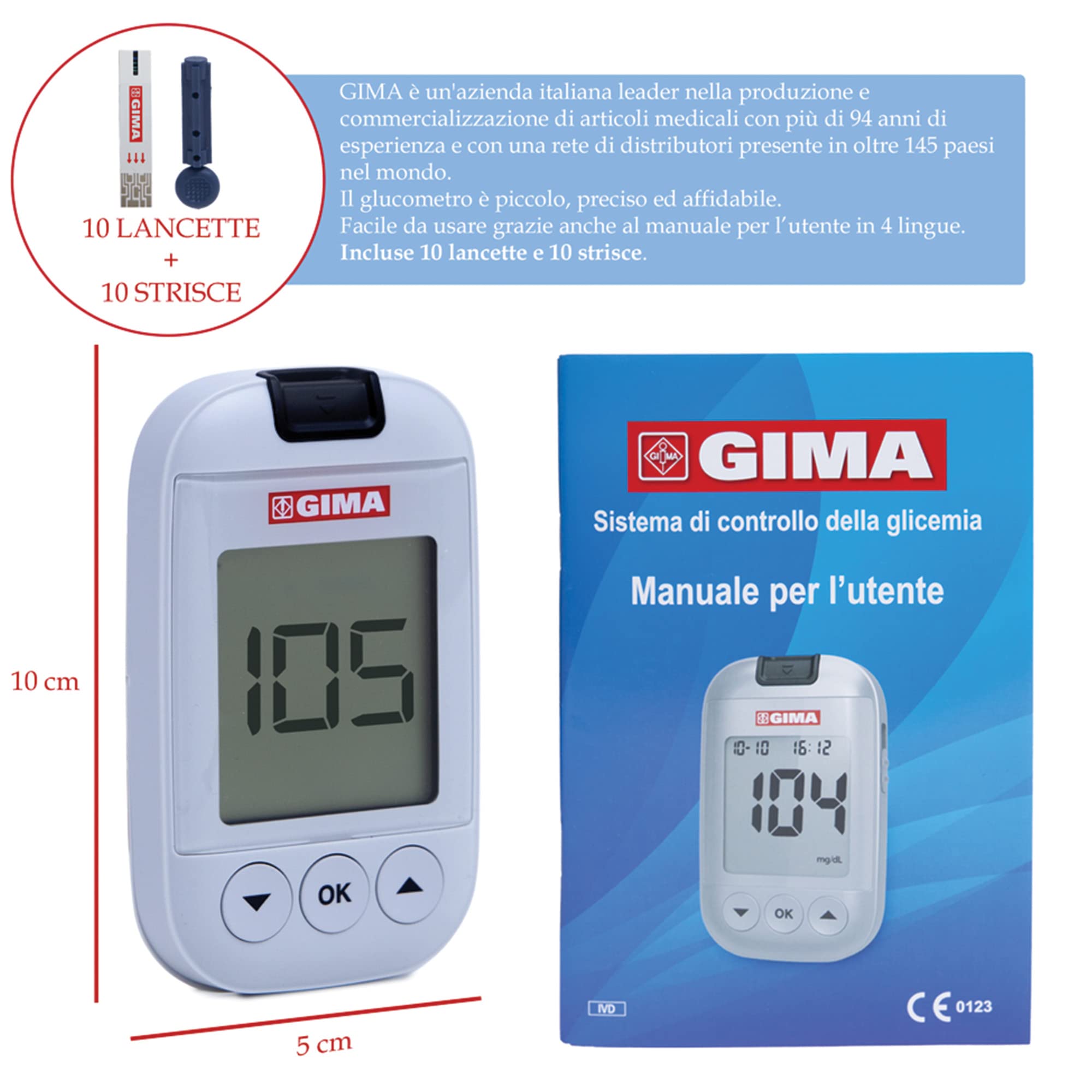 GIMA Misuratore Glicemia Glucometro Kit Completo Per Il Controllo e Il Monitoraggio Del Glucosio Nel Sangue Con 10 Strisce Soluzione Di Controllo 10 Lancette Sterili Penna Pungidito, IT,DE,GR,ES