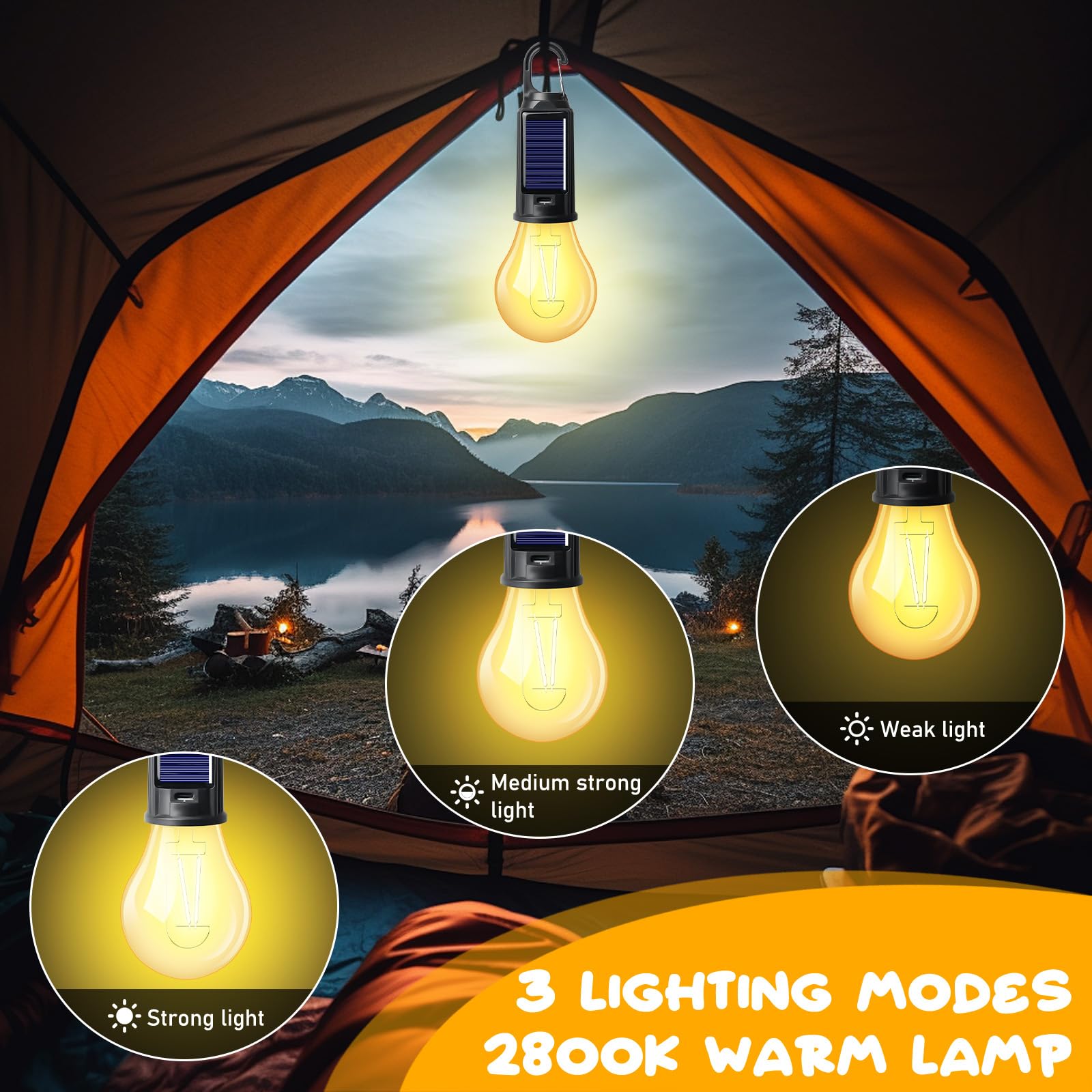 5 lampes de camping rechargeables, ampoules solaires LED avec télécommande, lampes de camping étanches avec 3 modes de luminosité, lampes de tente rechargeables pour le camping activités de plein air