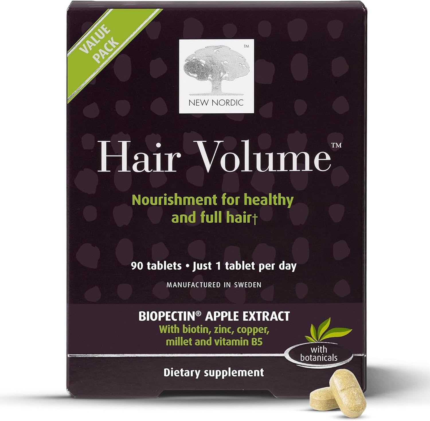NEW NORDIC Hair Volume Tablets, 3000 mcg Biotin & Biopectin Apple Extract, Hair Vitamins to Support Natural Hair Growth, 90 Count (Pack of 1)