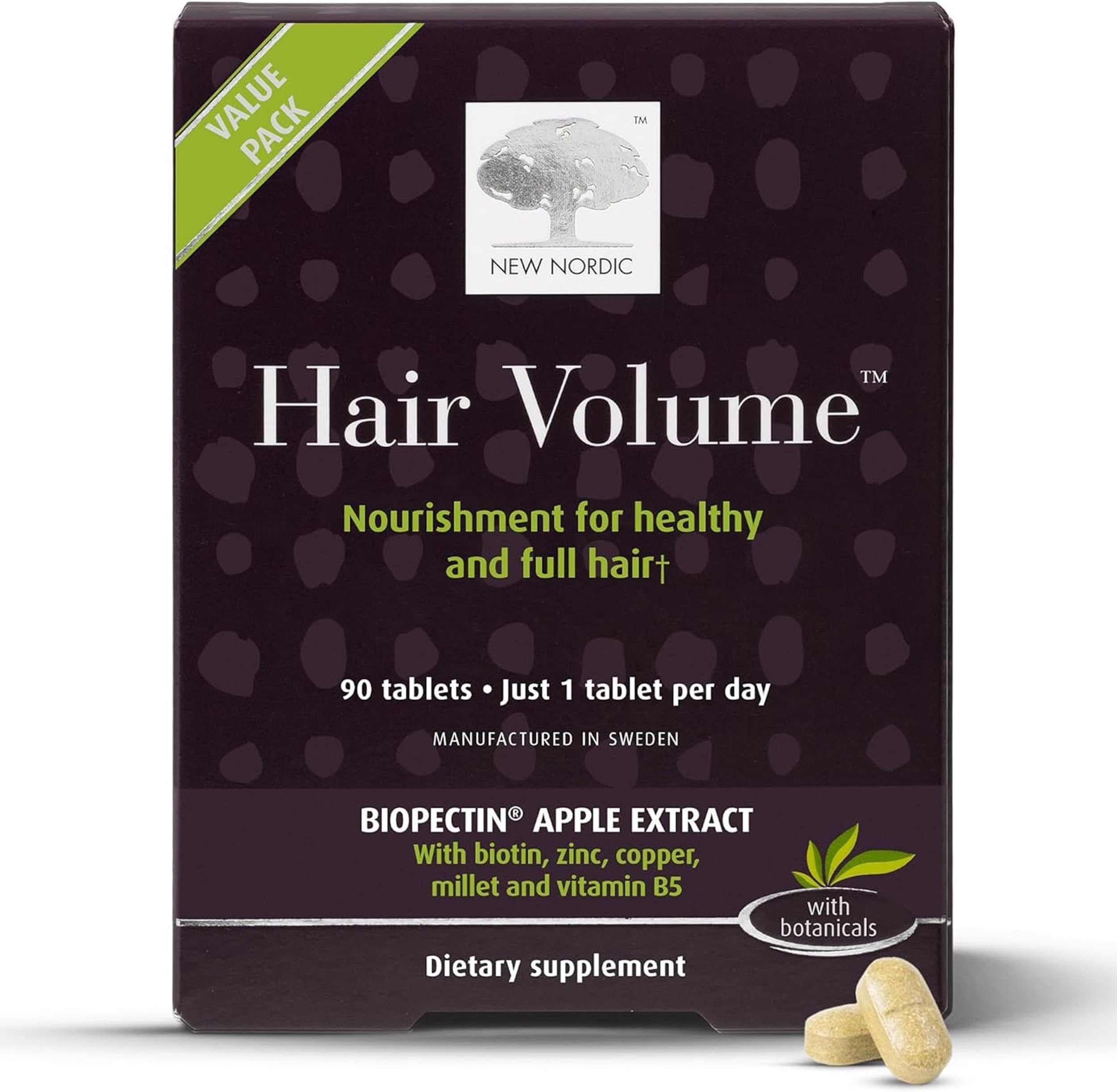 Hair Volume Tablets, 3000 mcg Biotin & Biopectin Apple Extract, Hair Vitamins to Support Natural Hair Growth, 90 Count (Pack of 1)
