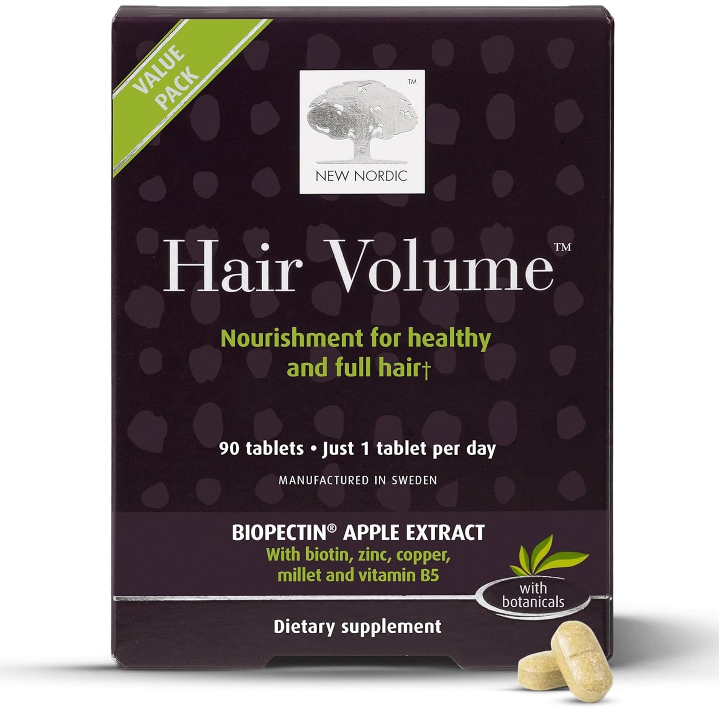 New Nordic Hair Volume 90 Tablets - Clinically Proven Hair Growth Vitamins - Biotin, Zinc & Apple - Visibly Thicker & Shiny Hair - for Women & Men