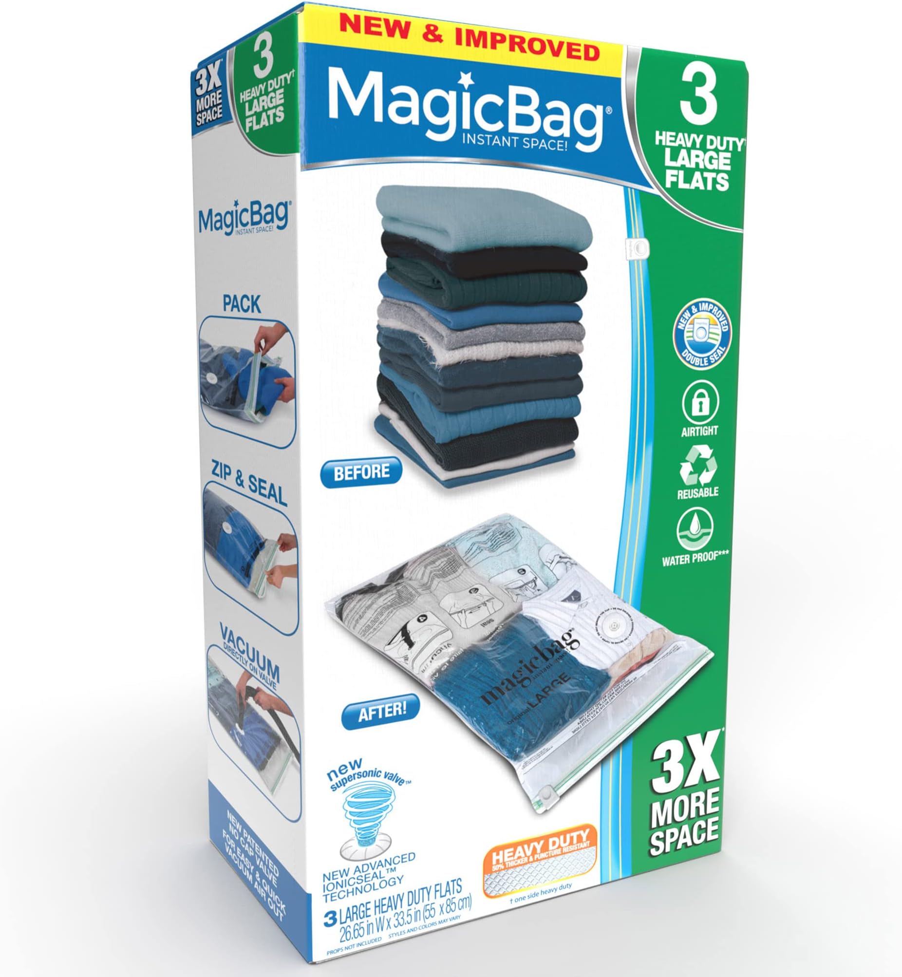 MagicBag Smart Design Instant Space Saver Storage - Flat Heavy Duty Large - Set of 3 Bags Total - Airtight Double Zipper - Vacuum Seal - Clothing, Pillows - Home Organization