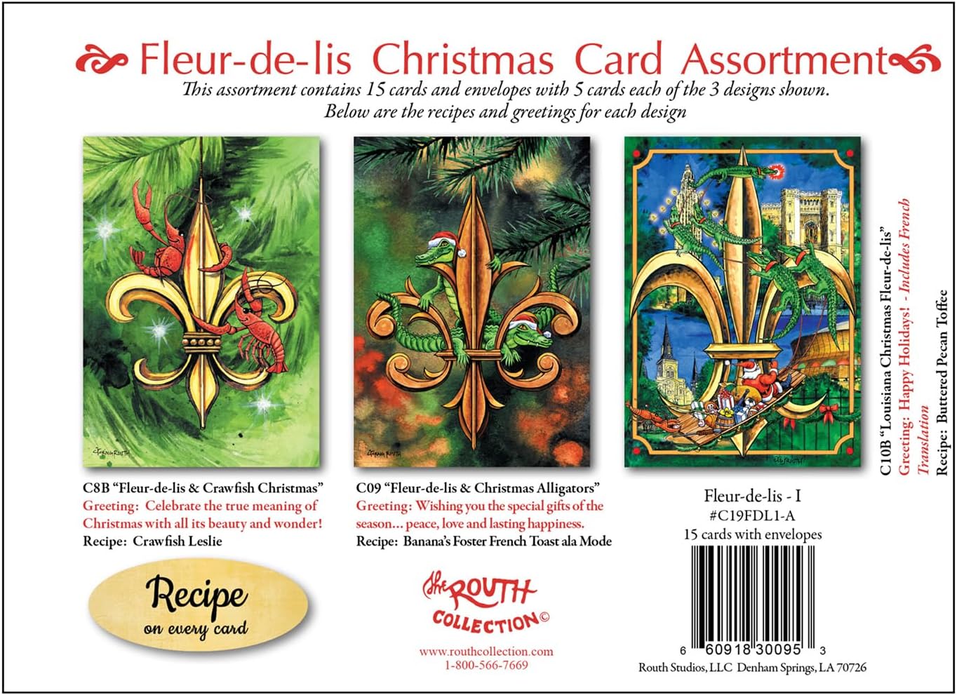 The ROUTH COLLECTION Louisiana Fleur-de-lis Christmas Card Assortment, 3 designs with 3 recipes (5 of each)