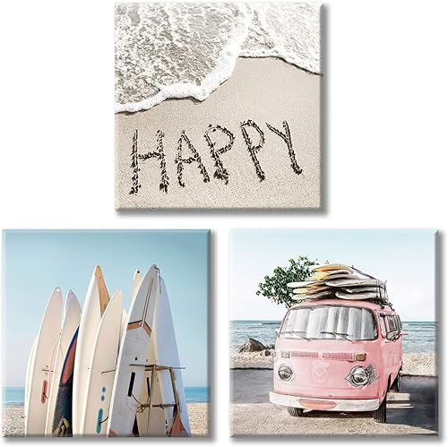 Cuadro de lienzo costal para pared, tablas de surf y coche rosa sobre arena, lienzo para sala de estar (12 x 12 pulgadas x 3 paneles)