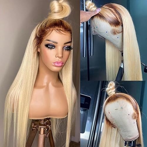 13X6 Lace Front Wigs Ombre 613 Blonde Colored Lace Frontal Human Hair Wig Brown Root Straight for Black Women Full Pre Plucked Wig Brazilian Human Hair Wig (18Inch)