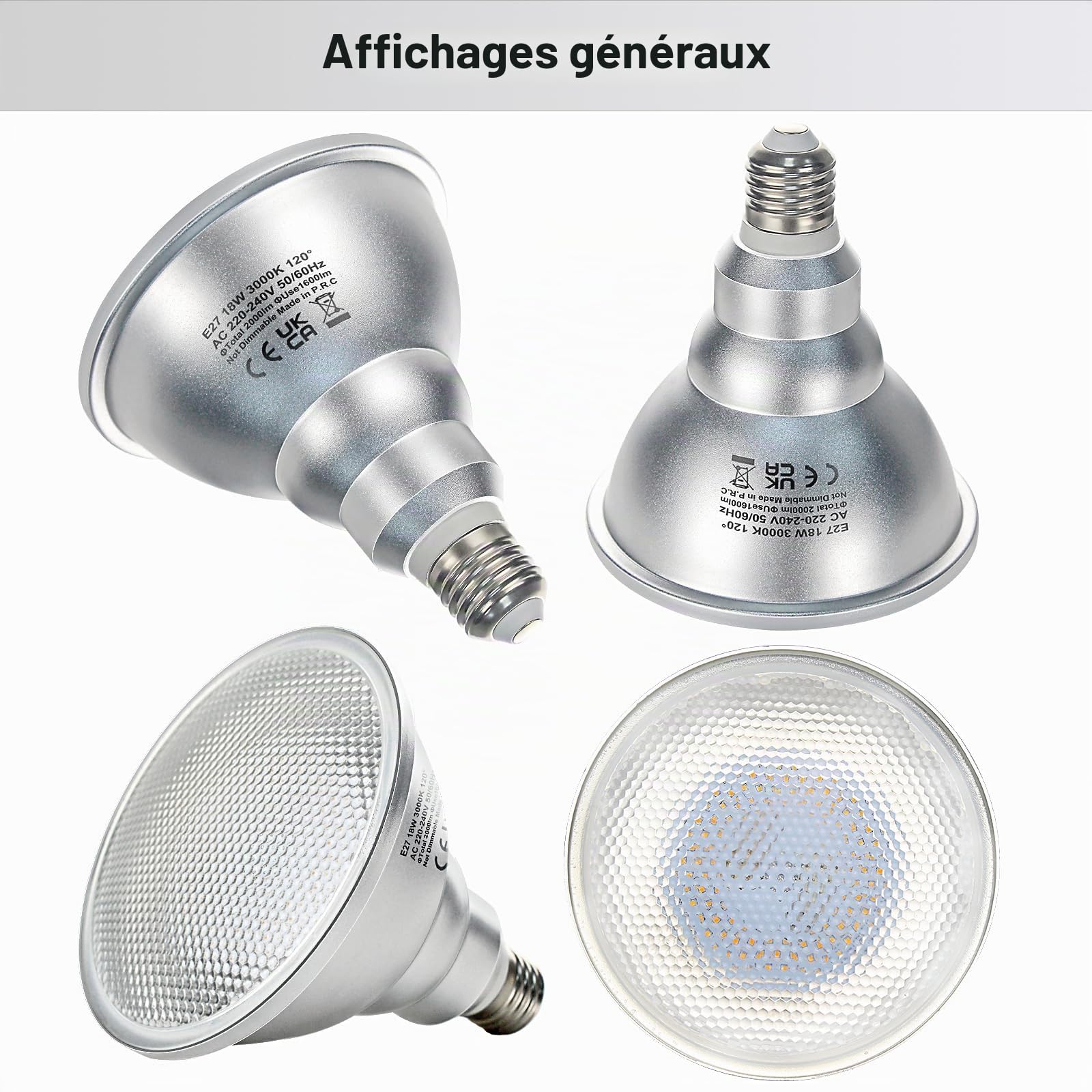 Lot de 4 ampoules LED 18W E27 blanc chaud Par38 spot réflecteur 2000LM Flood lumière 230V, Remplace les ampoules halogènes 180W, 120 degrés,Non dimmable