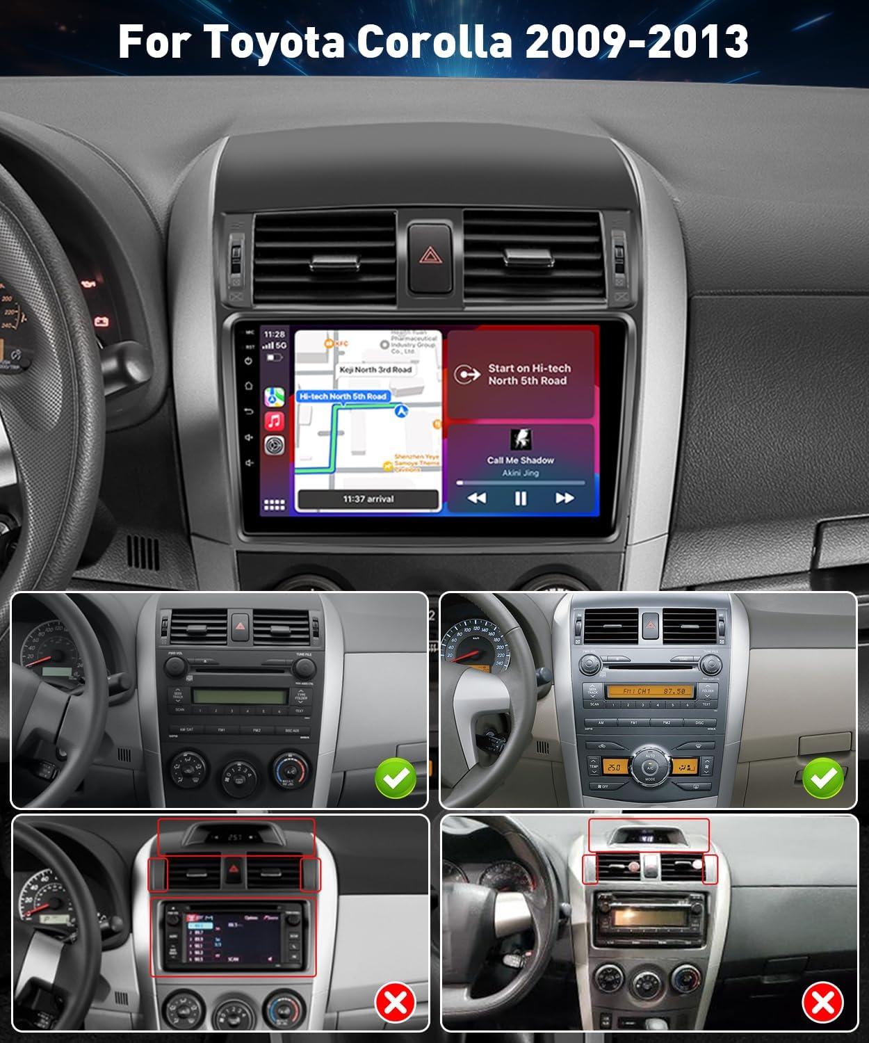 Leadfan Car Stereo for Toyota Corolla 2009 2010 2011 2012 2013 with Carplay Android Auto, 9Inch Screen for Corolla Radio with Bluetooth GPS FM SWC Backup Camera