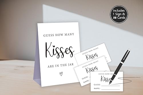 Miniatura 2 de Guess How Many Kisses - Juego minimalista de ducha de boda, noche de despedida de soltera, 1 cartel y juego de 50 tarjetas -A59