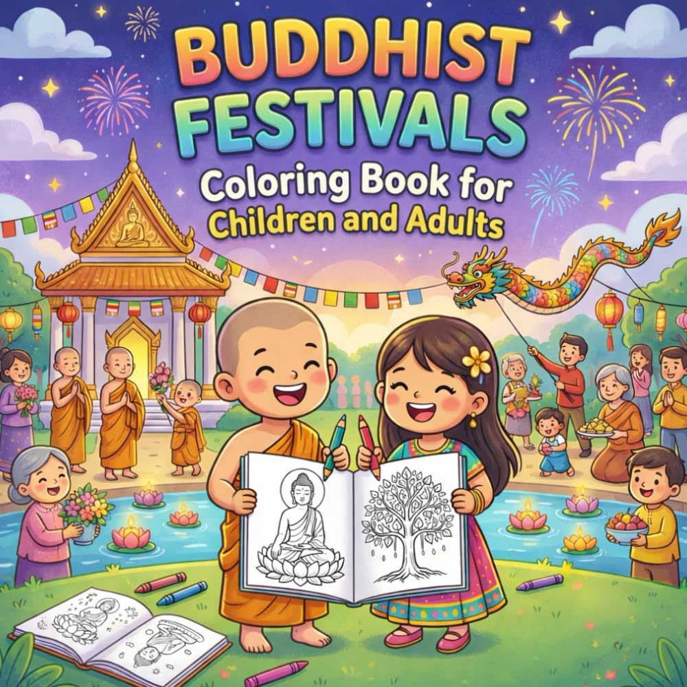 Buddhist Festivals Coloring Book for Children and Adults: Learn and Color Vesak, Asalha Puja, Kathina & Losar