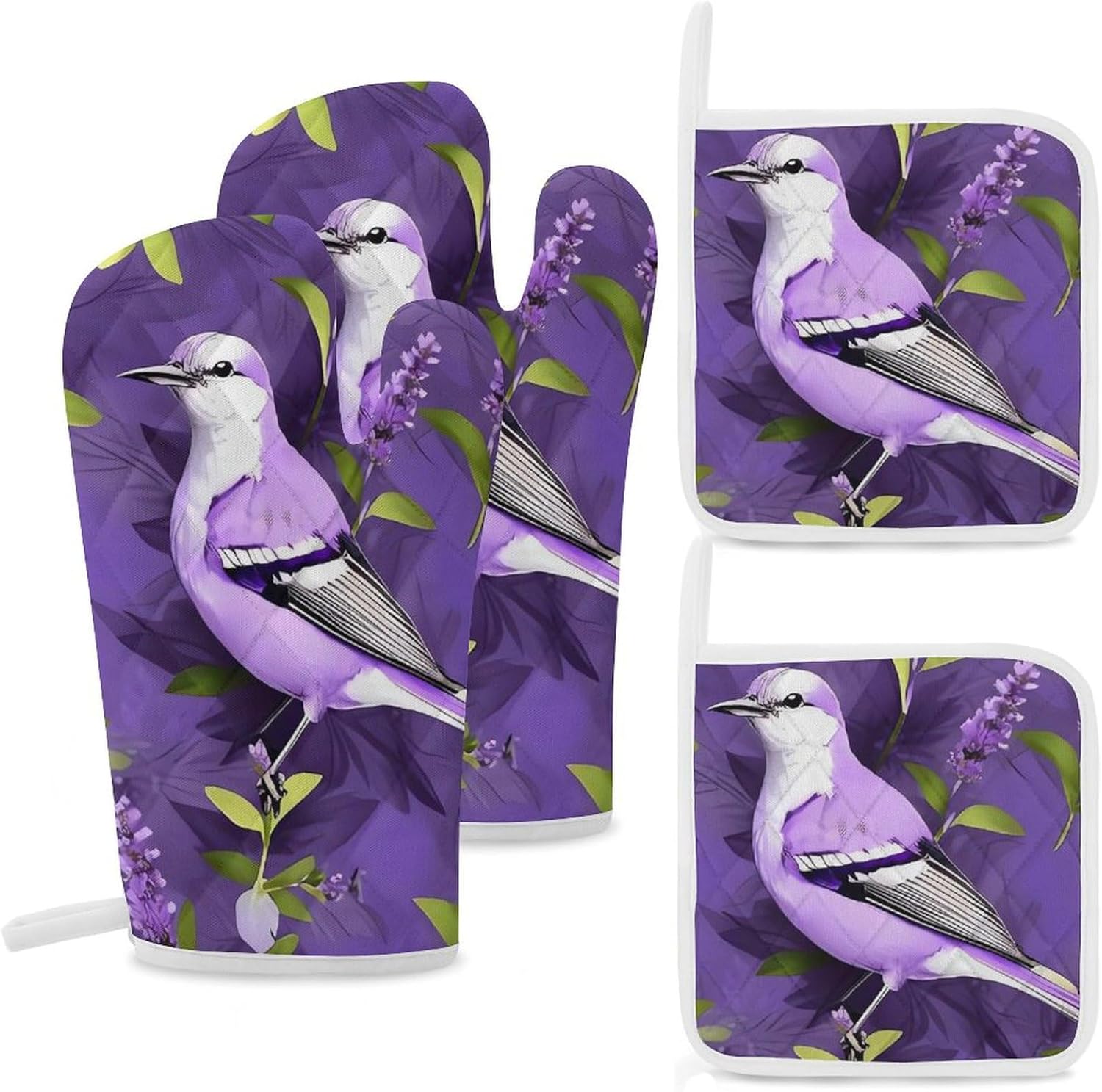 Oven Mitts Pot Holders Kitchen Bird in Purple Lavender Floral Flowers Heat Resistant Oven Glove for Baking and Cooking
