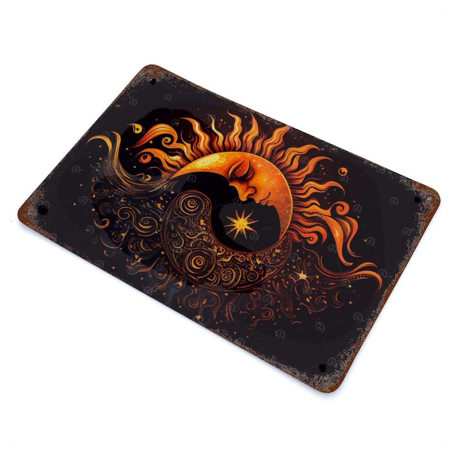 Harmonious Sun And Moon 11.8"x7.9" Vintage Rust Metal Sign, Shabby Chic Decor for Garage, Bar And Workshop Decor