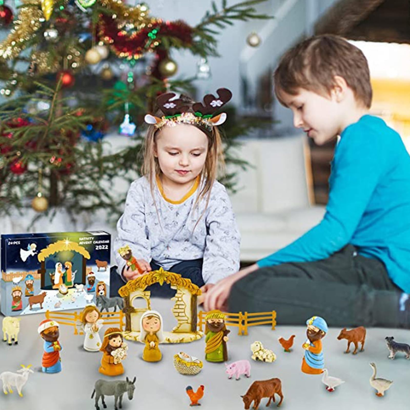 Calendario de Adviento de Navidad con 24 miniaturas de resina, regalo para niños y niñas, adecuado para figuras de belén infantil