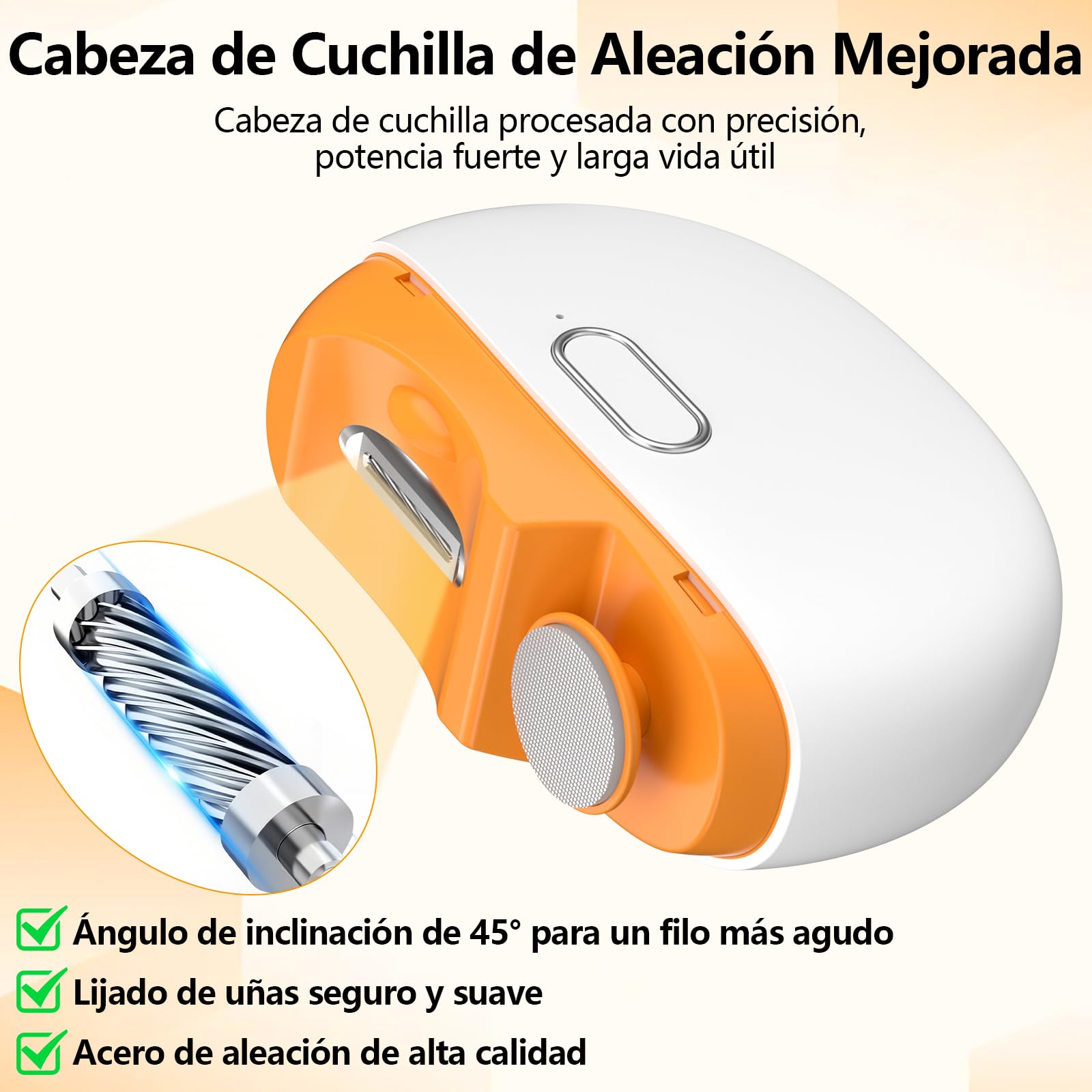 Cortauñas Eléctrico, 2 en 1 Cortauñas con Luz LED y almacenamiento de restos de uñas, 2 velocidades Cortaúñas Automático y Pulidor, Recargable Ruido bajo, para bebés, adultos y ancianos - Orange — view 5